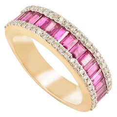 Bague de fiançailles empilable en or jaune massif 18 carats, rubis naturel et diamants