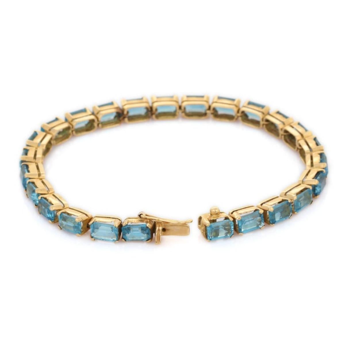 18k Solid Yellow Gold Octagon Cut 18.5 Ct Blue Topaz Tennis Bracelet Gift In New Condition For Sale In New York, NY
