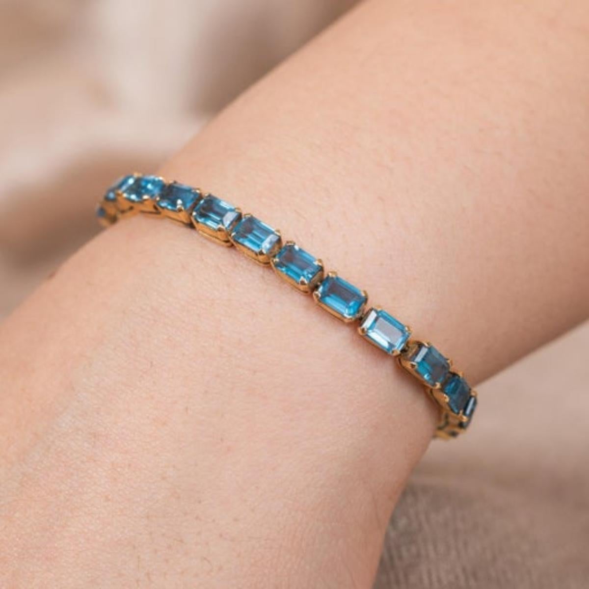 18k Solid Yellow Gold Octagon Cut 18.5 Ct Blue Topaz Tennis Bracelet Gift For Sale 1