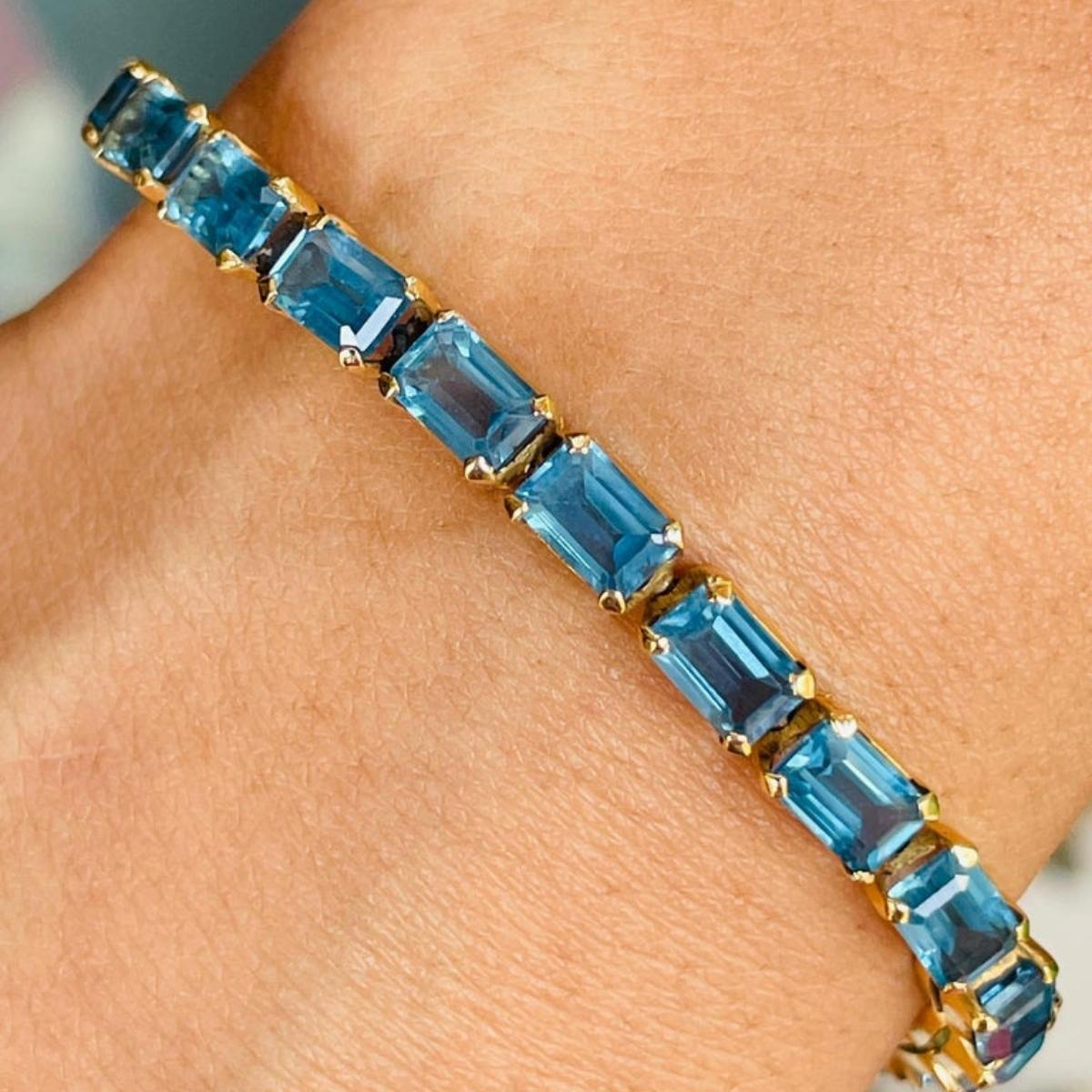 18k Solid Yellow Gold Octagon Cut 18.5 Ct Blue Topaz Tennis Bracelet Gift For Sale 3