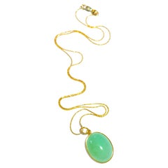 18K Solid Yellow Gold Old Stock Australian Chrysoprase Oval Bezel Charm Necklace