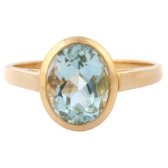 18K Solid Yellow Gold 2.55 ct Oval Cut Aquamarine Gemstone Ring, Aquamarine Ring