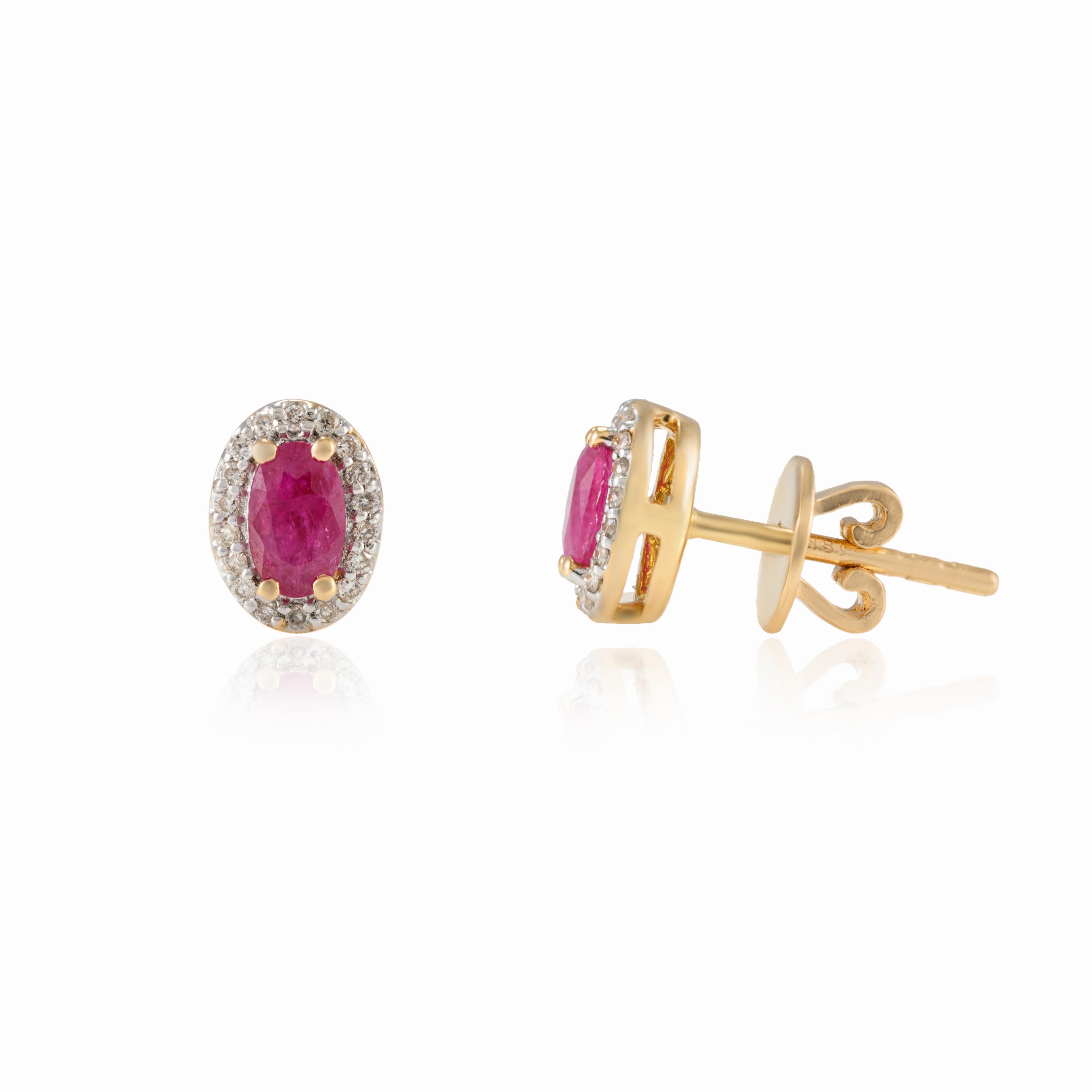 Art Deco 18k Solid Yellow Gold Oval Diamond Halo and Ruby Stud Earrings For Sale