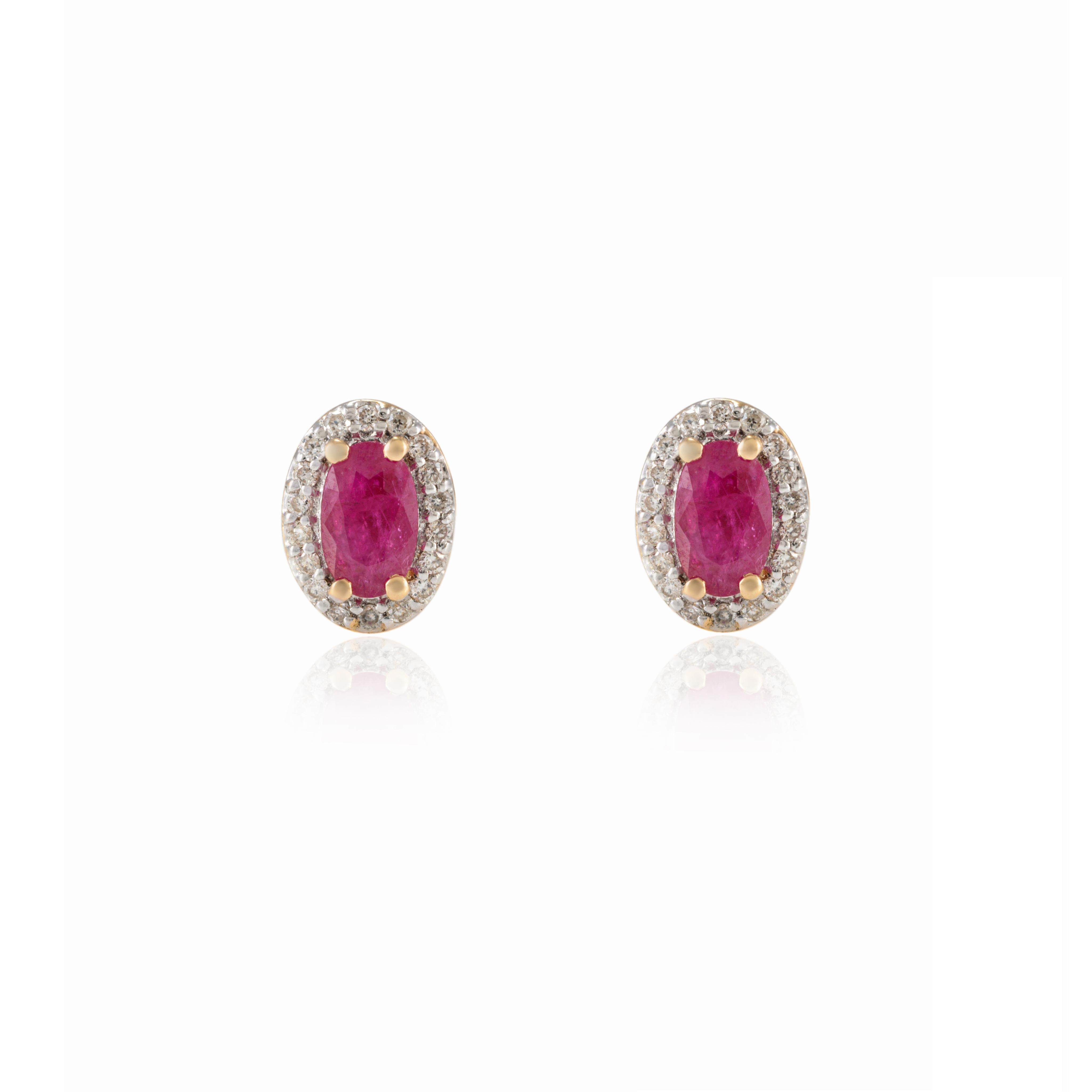 Oval Cut 18k Solid Yellow Gold Oval Diamond Halo and Ruby Stud Earrings For Sale