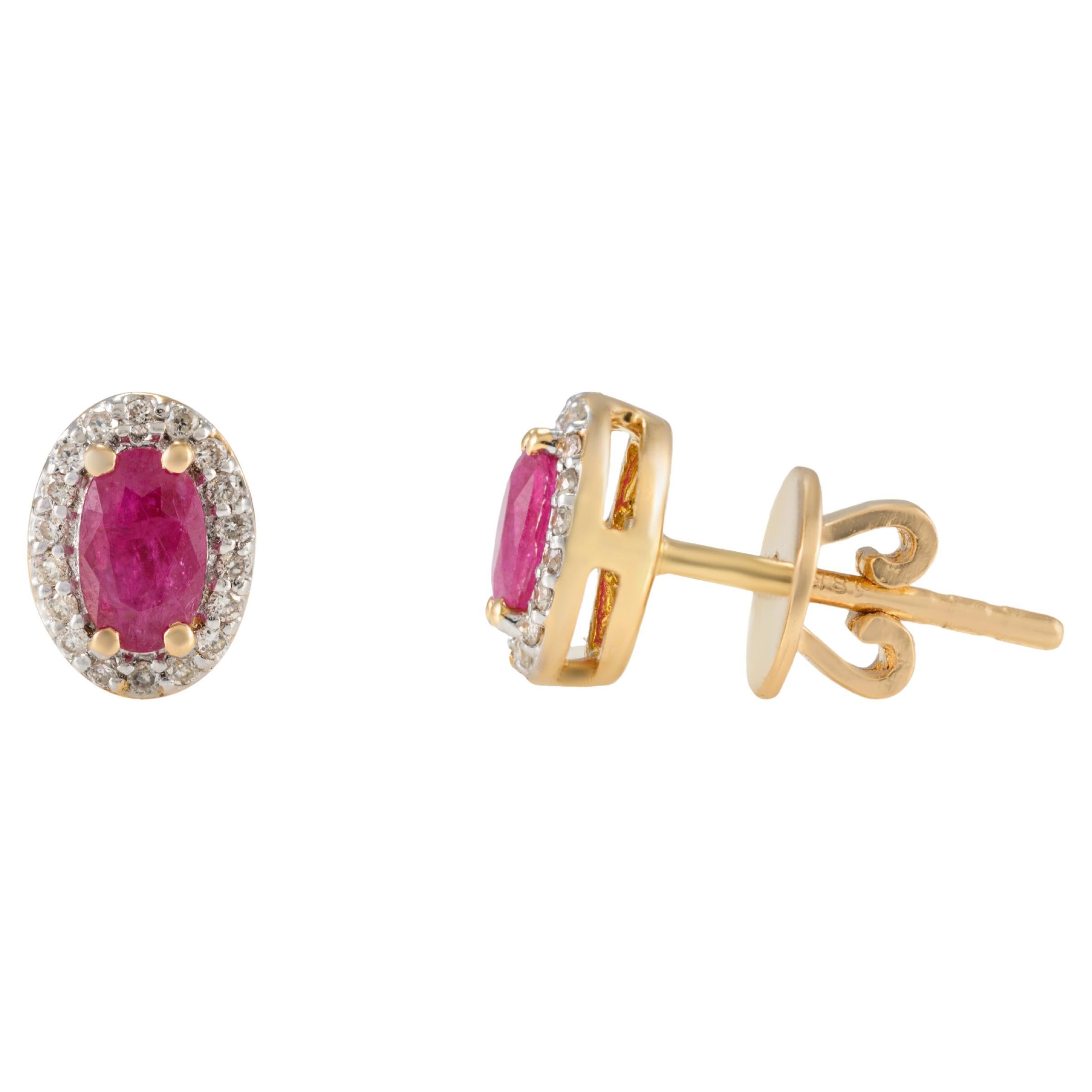 18k Solid Yellow Gold Oval Diamond Halo and Ruby Stud Earrings For Sale