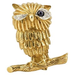 Broche Búho de Oro Amarillo Macizo de 18K 19.09g Ojos de Diamante Marcado 18K