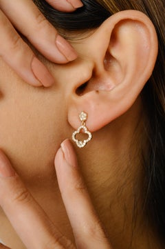 18k Solid Yellow Gold Pair of Diamond Clover Earrings for Women