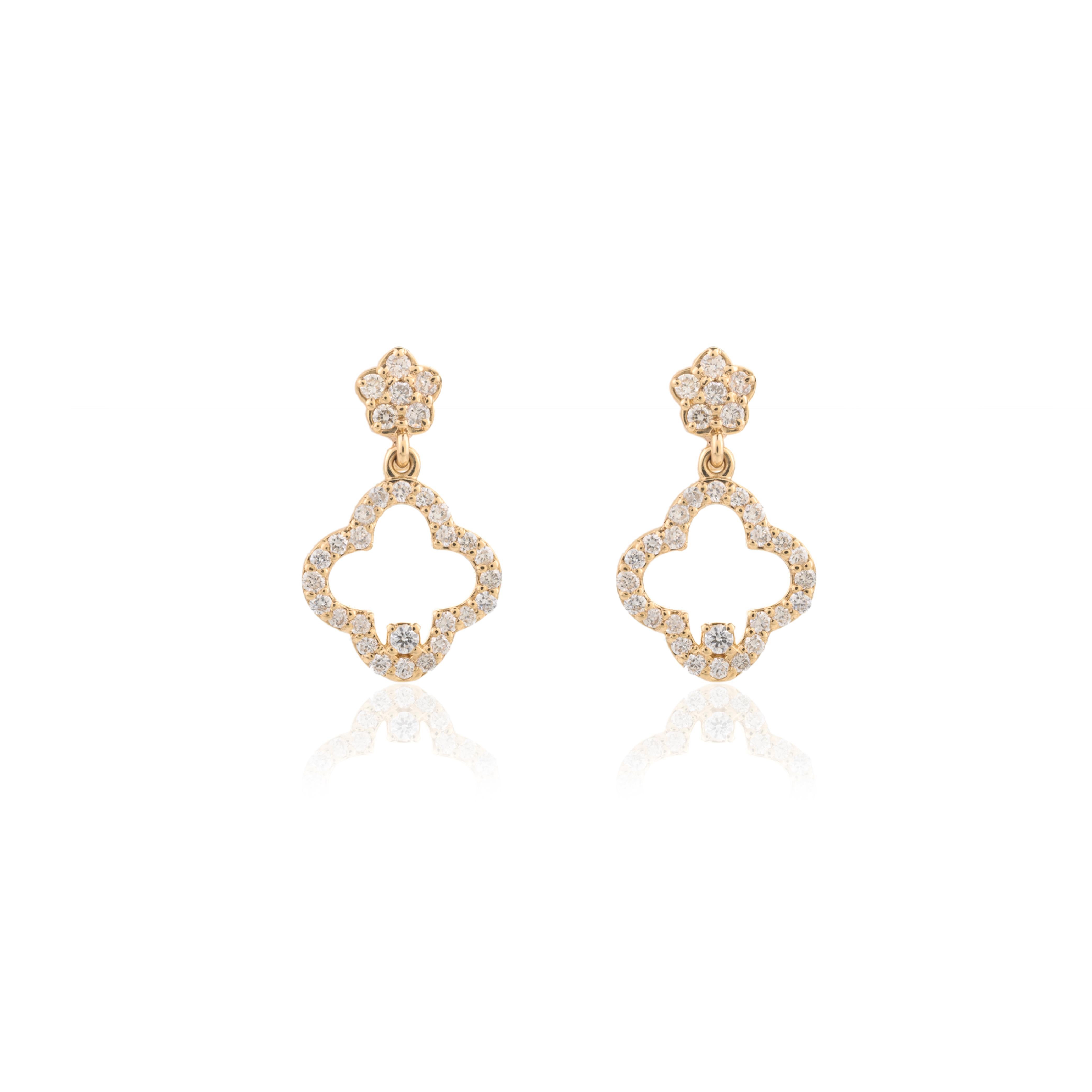 Par de Pendientes Trébol de Diamantes de Oro Amarillo Macizo de 18k para Mujer Moderno en venta