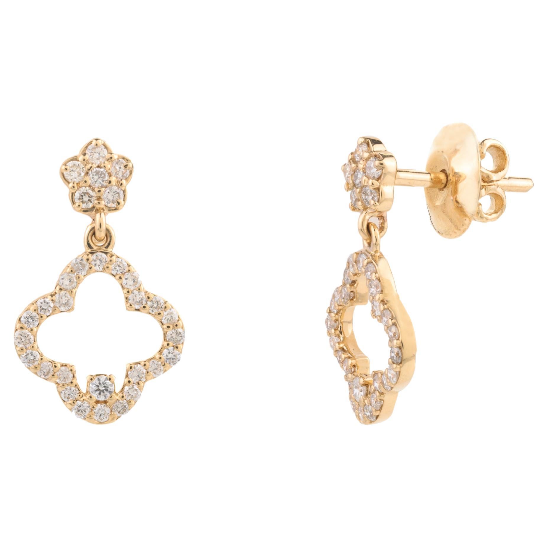 18k Solid Yellow Gold Pair of Diamond Clover Earrings for Women