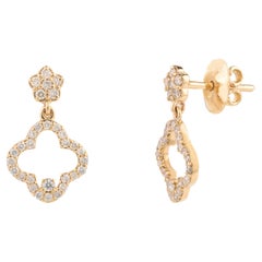 18k Solid Yellow Gold Pair of Diamond Clover Earrings for Women