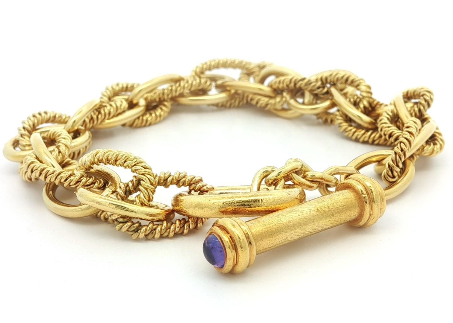 18k Solid Yellow Gold Plain & Twisted Interlocking Open Link Toggle Bracelet For Sale 2