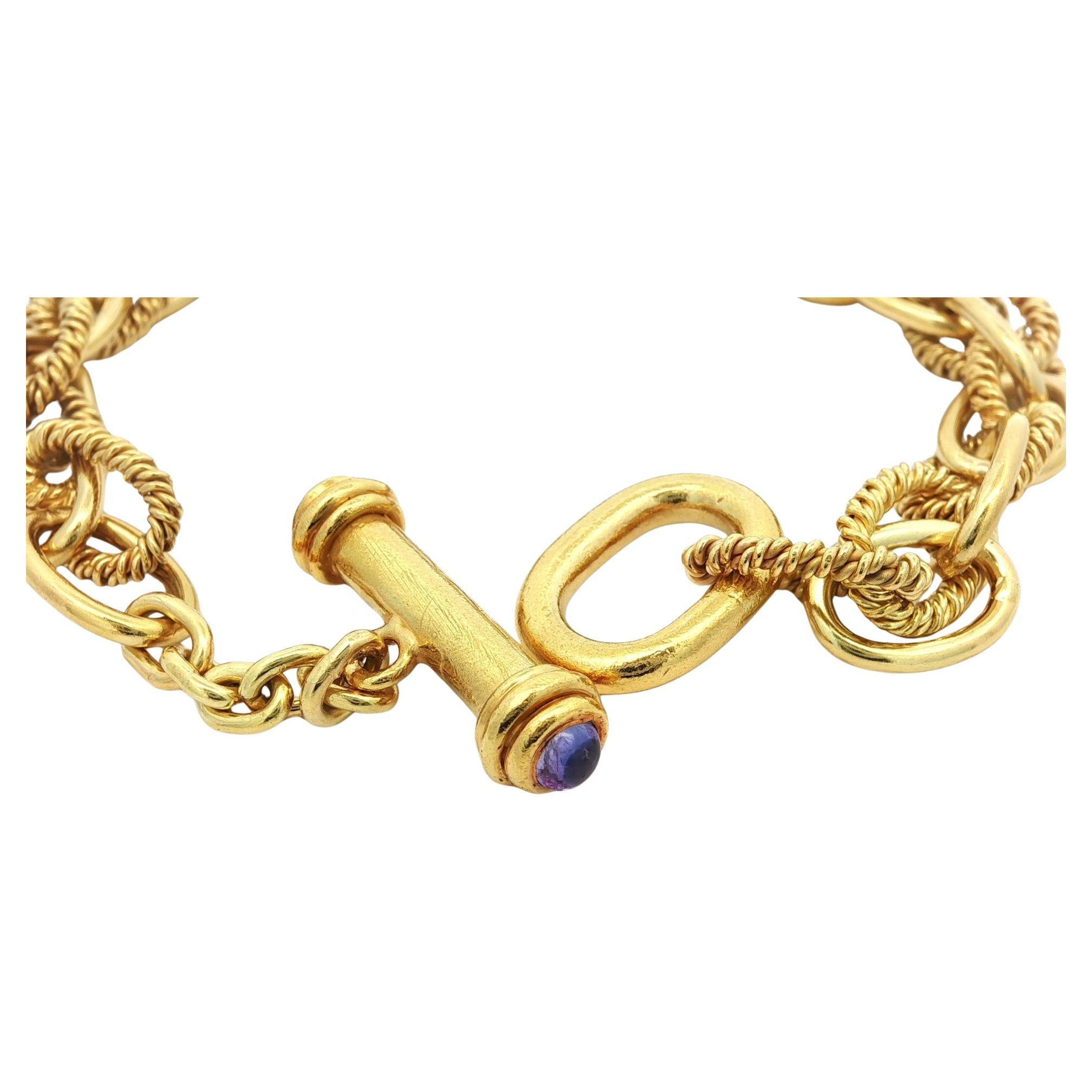 18k Solid Yellow Gold Plain & Twisted Interlocking Open Link Toggle Bracelet For Sale