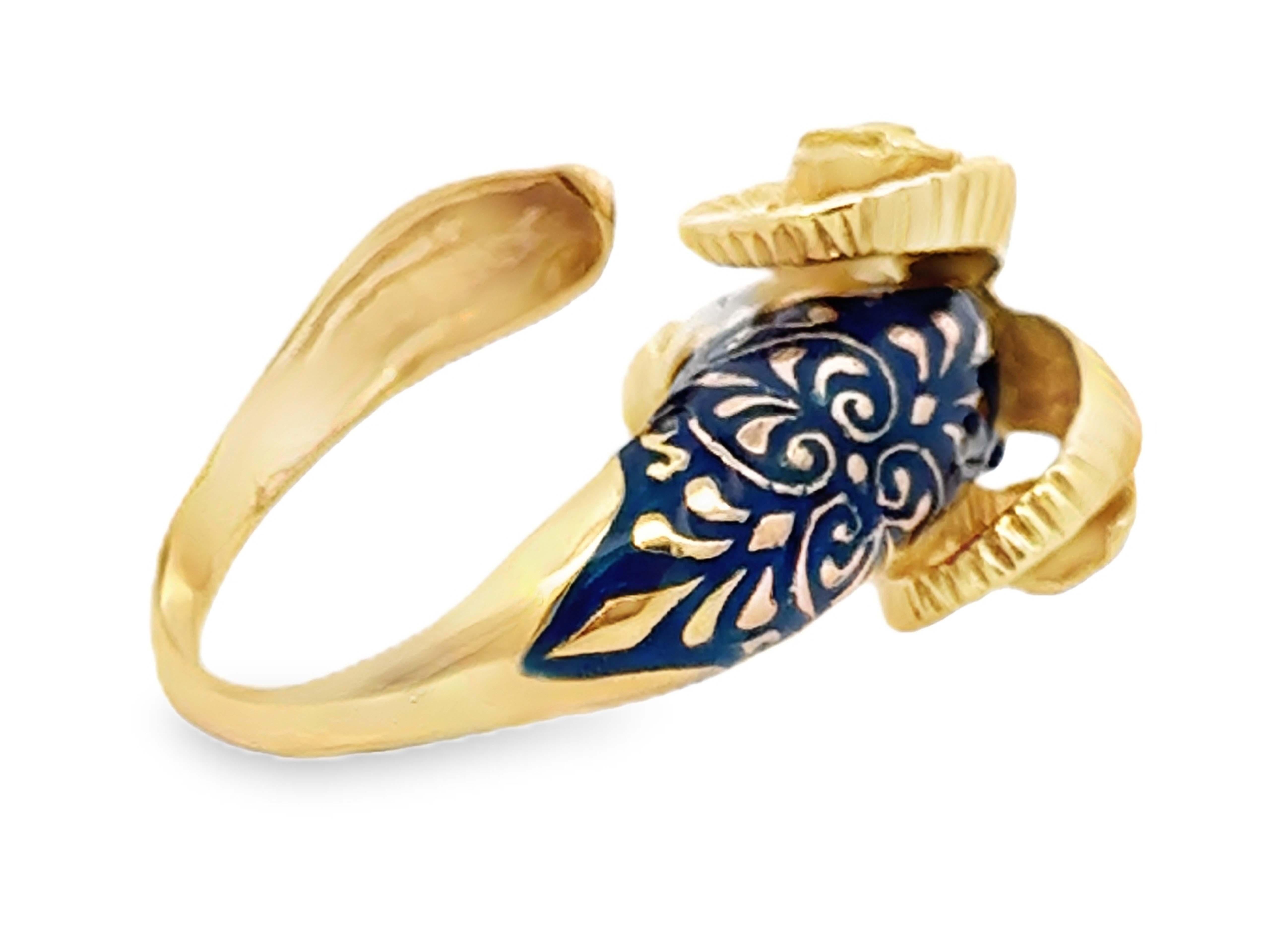 18K Solid Yellow Gold Ram Head Open Ring Blue And Green Enamel For Sale 5