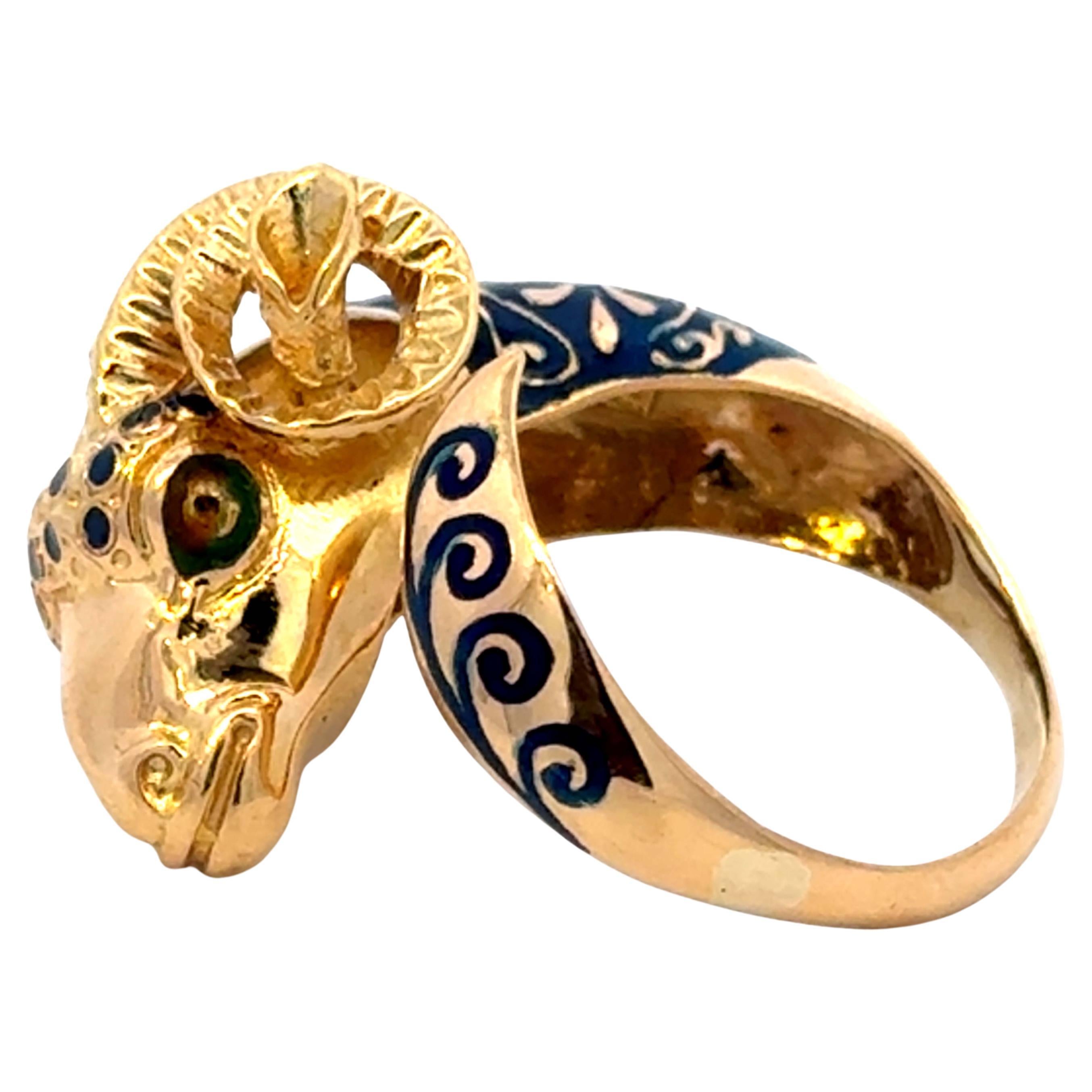 Ring Specifications:

Metal: 18k Yellow Gold

Total Weight: 7.7 Grams
​
​Enamel Color: Blue and Green

​Ring Size:  7 
​
​Stamped: 