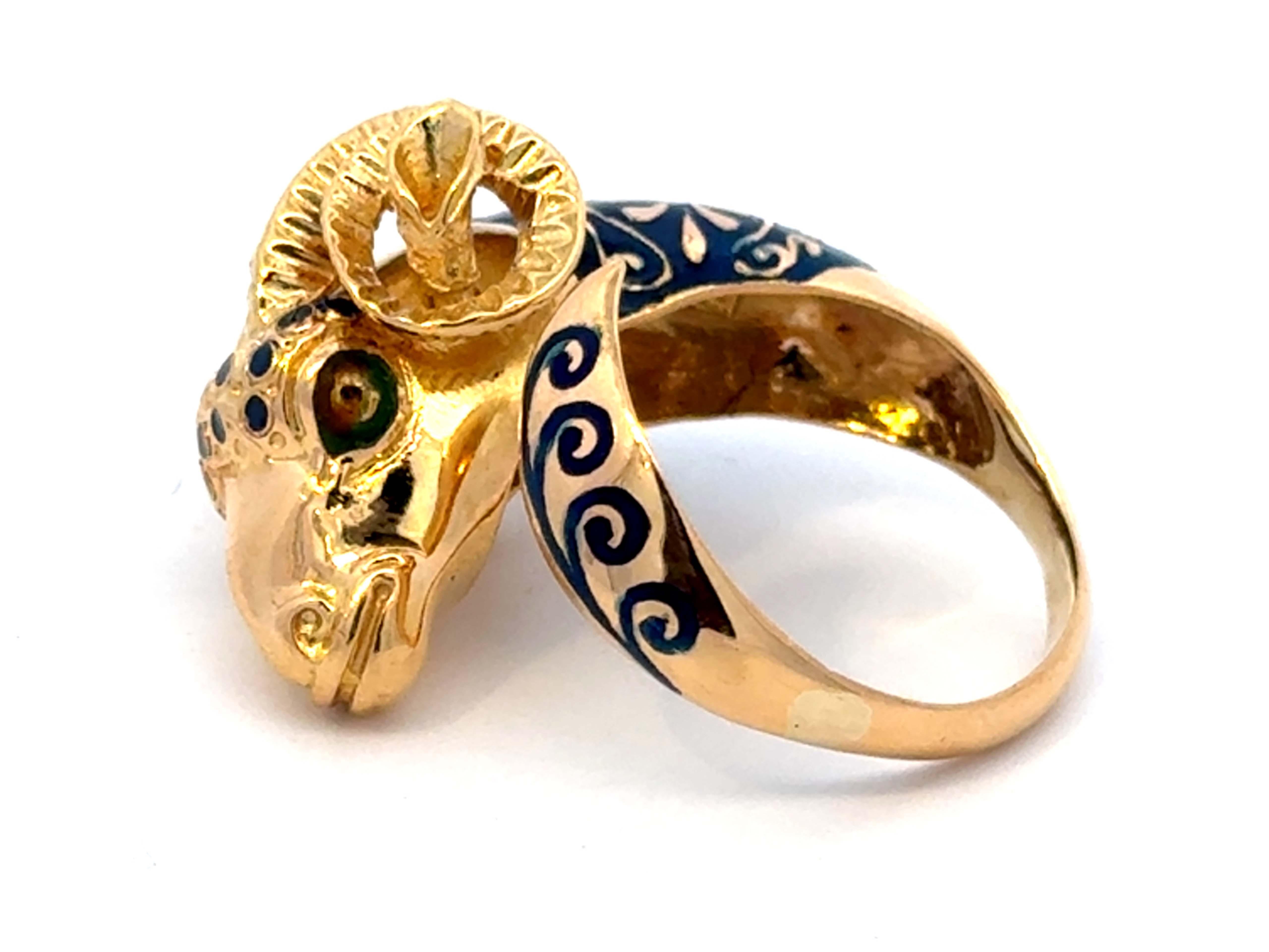 18K Solid Yellow Gold Ram Head Open Ring Blue And Green Enamel In Excellent Condition For Sale In Honolulu, HI