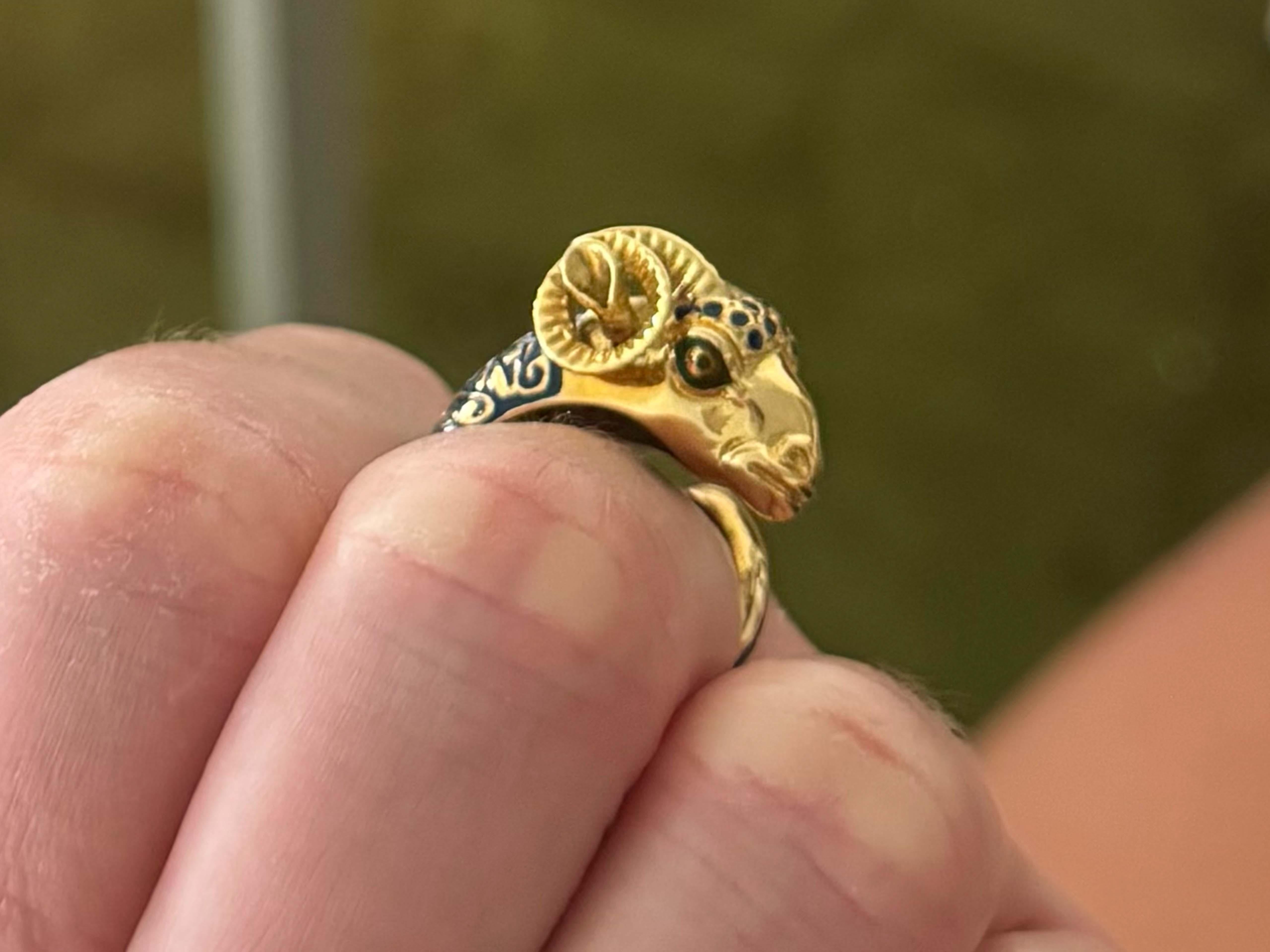 Women's or Men's 18K Solid Yellow Gold Ram Head Open Ring Blue And Green Enamel For Sale