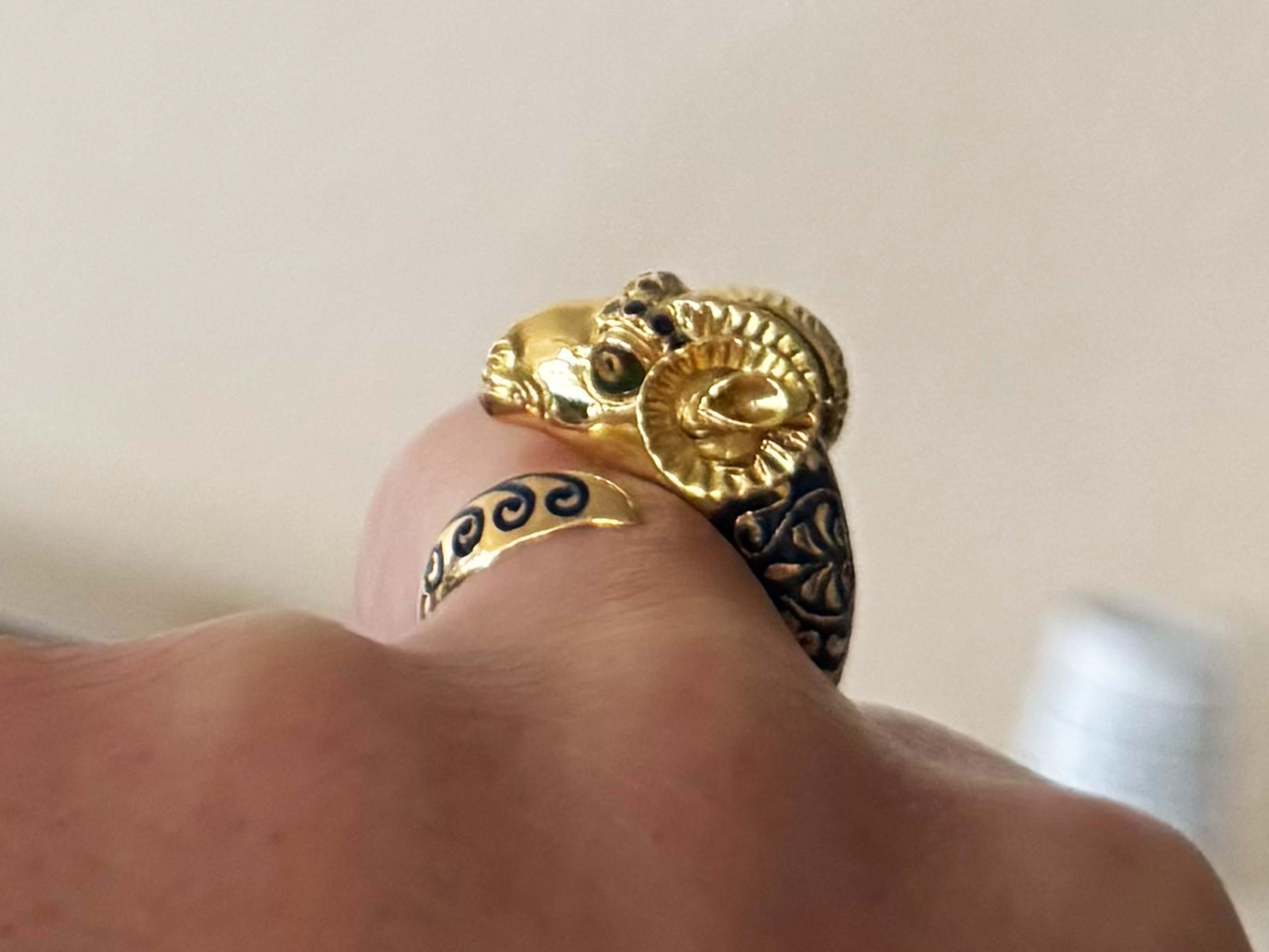 18K Solid Yellow Gold Ram Head Open Ring Blue And Green Enamel For Sale 1