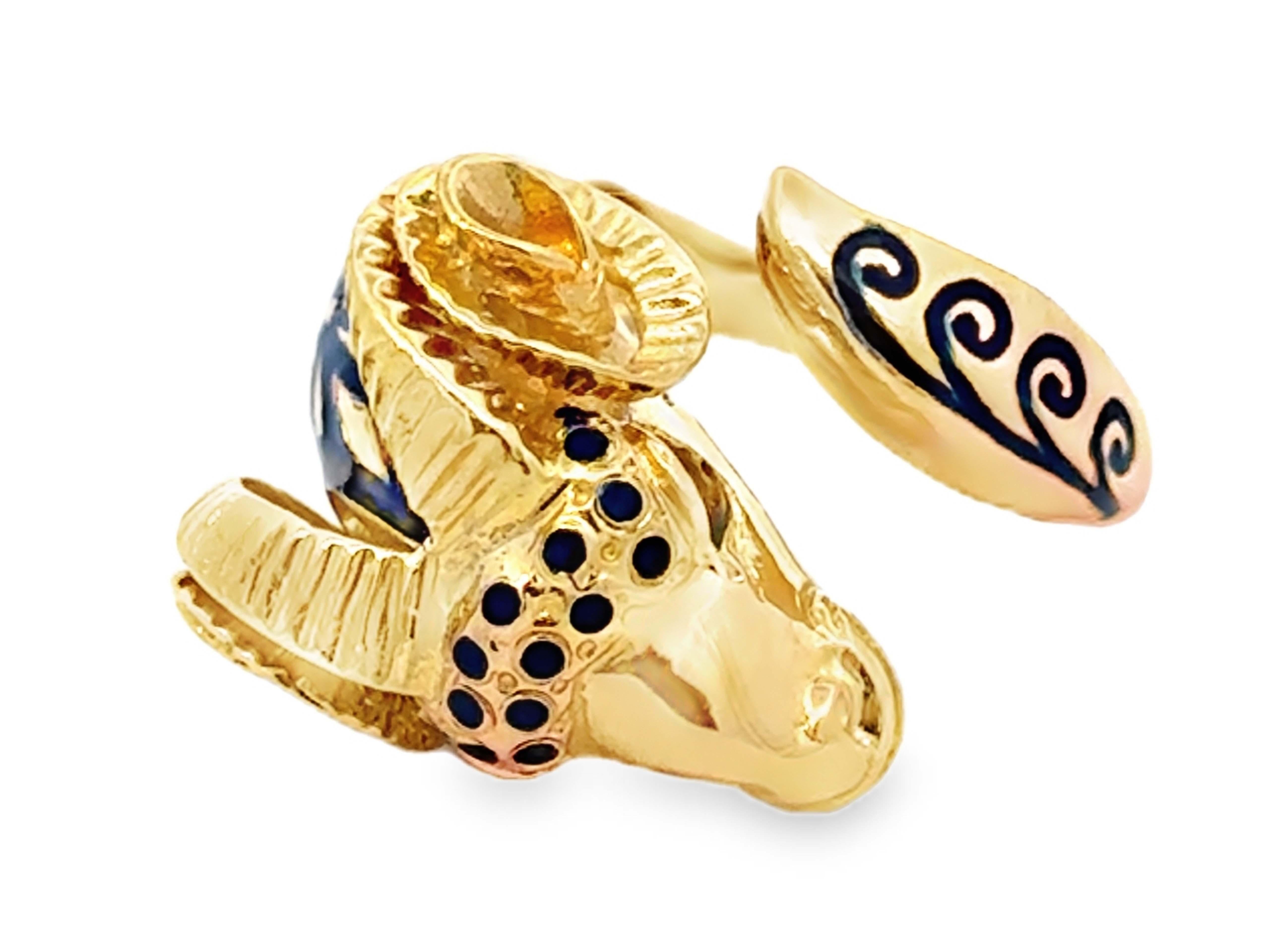 18K Solid Yellow Gold Ram Head Open Ring Blue And Green Enamel For Sale 2