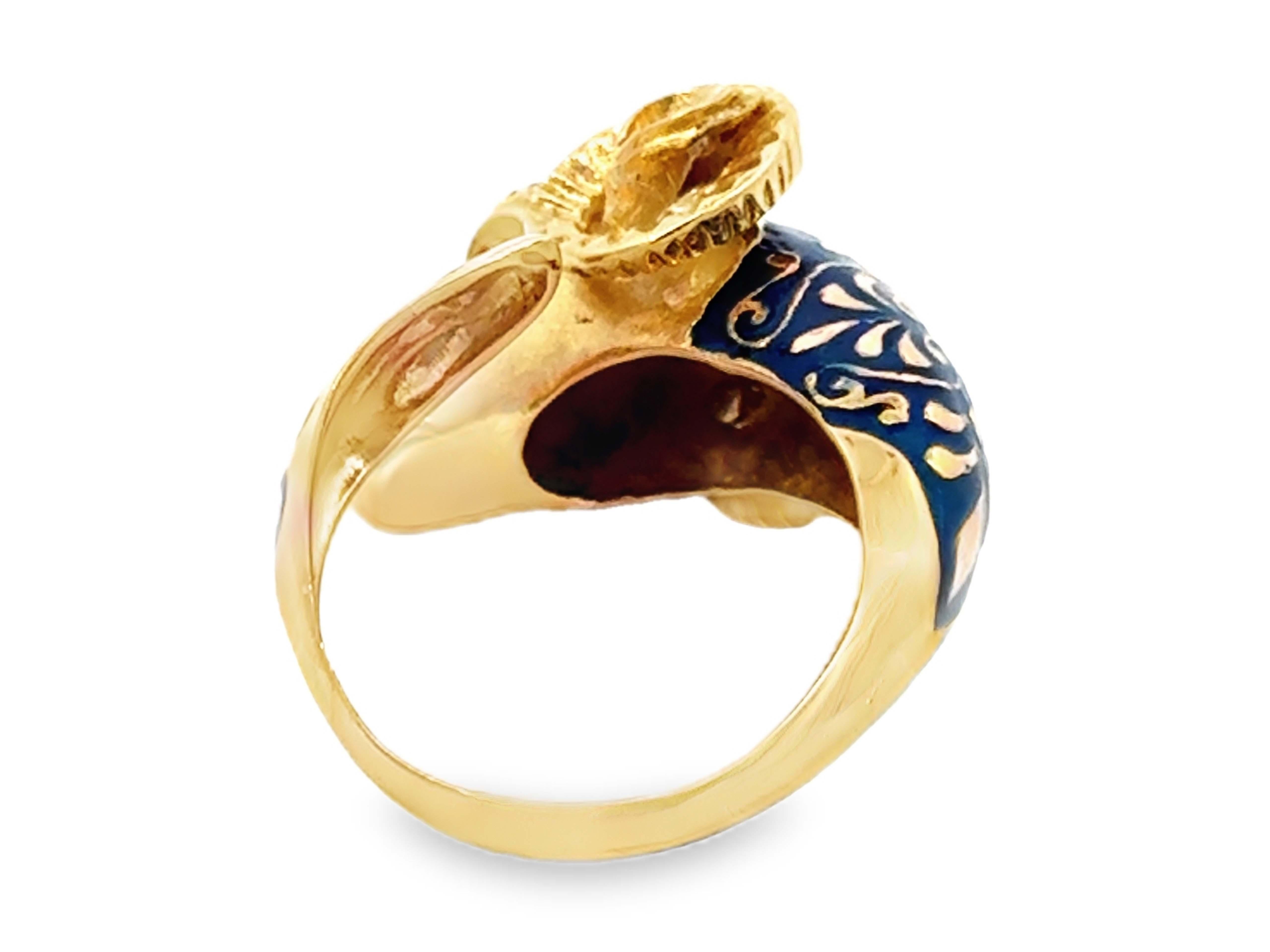18K Solid Yellow Gold Ram Head Open Ring Blue And Green Enamel For Sale 4