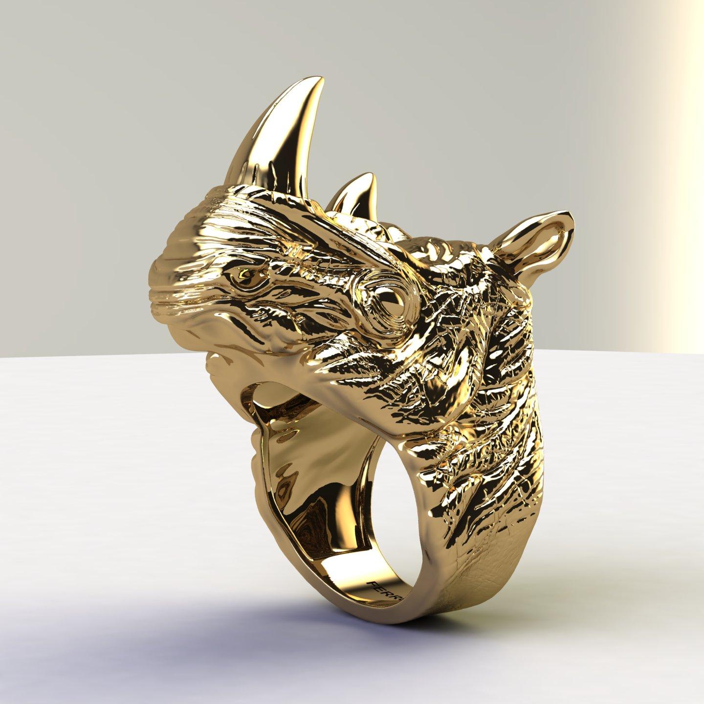 Art Nouveau 18k Solid Yellow Gold Rhino Ring For Sale