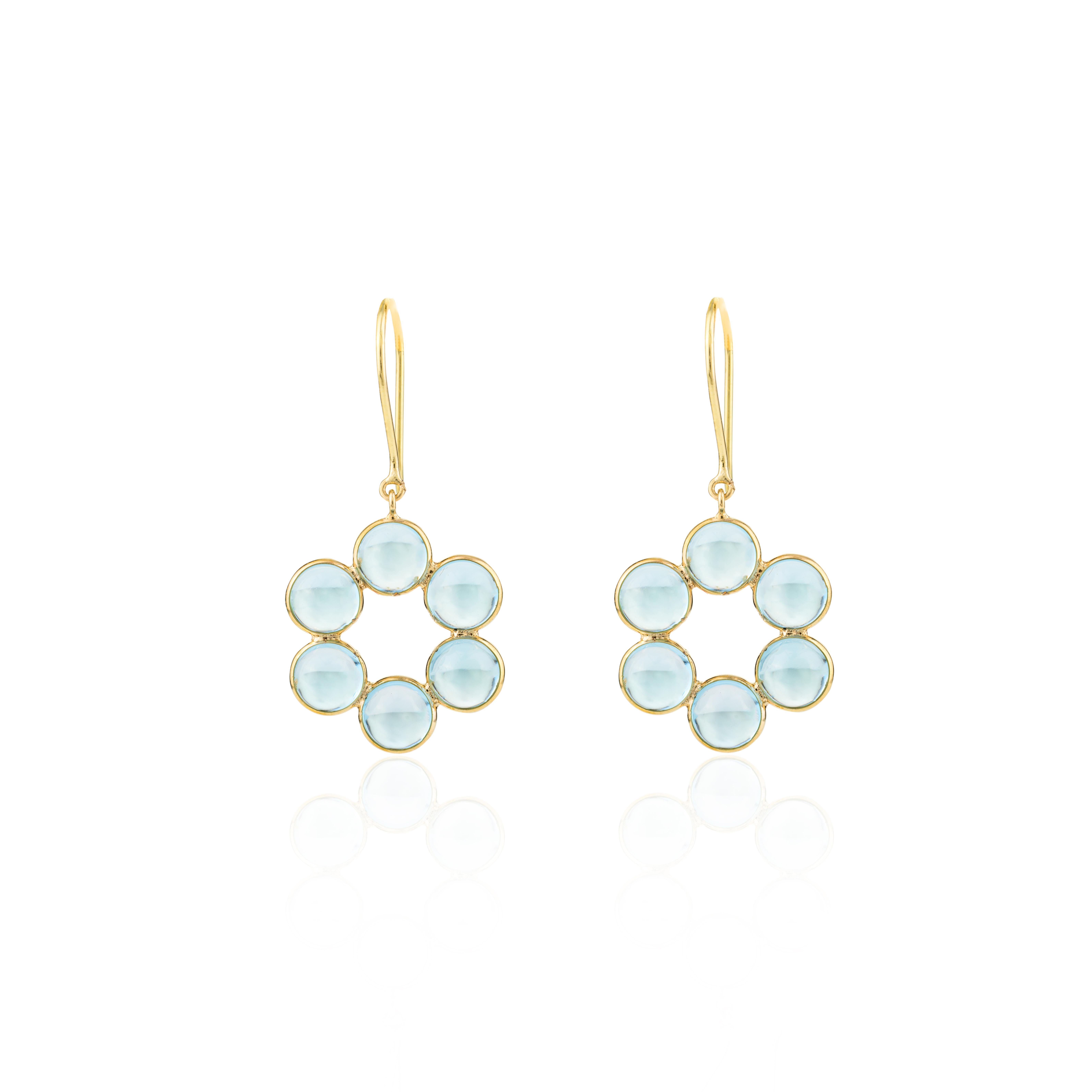Modern 18k Solid Yellow Gold Round Blue Topaz Flower Drop Earrings Gift for Her For Sale