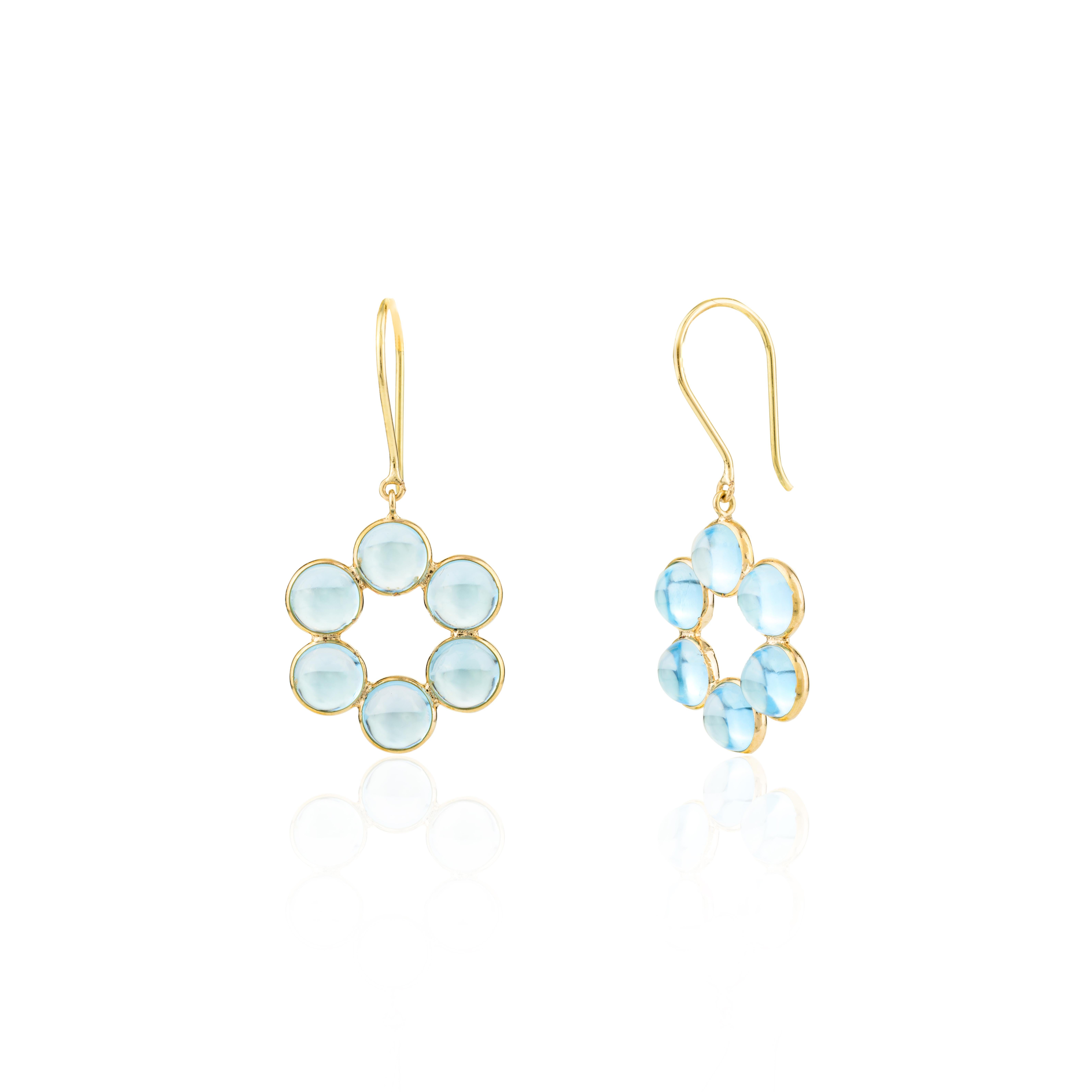 18k Solid Yellow Gold Round Blue Topaz Flower Drop Earrings Gift for Her In New Condition For Sale In Houston, TX