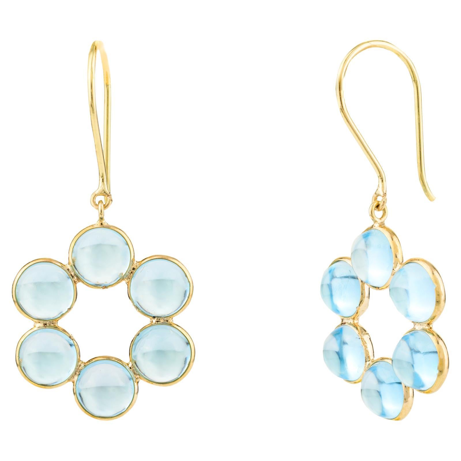 18k Solid Yellow Gold Round Blue Topaz Flower Drop Earrings Gift for Her