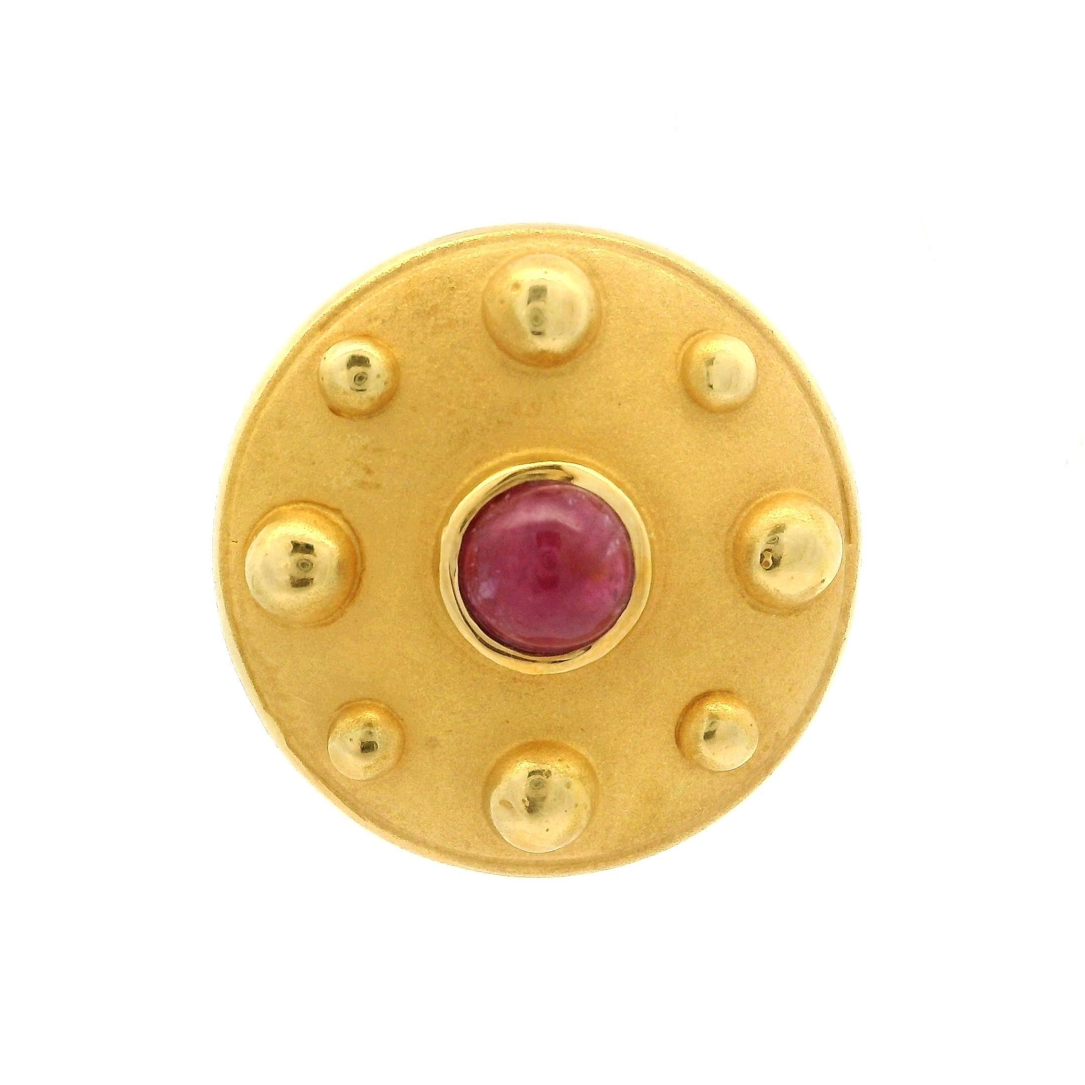 Women's 18k Solid Yellow Gold Round Cabochon Ruby Dual Finish Button Round Earrings For Sale