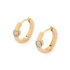 18K Solid Yellow Gold Minimalist Diamond Hoop Earrings for Women