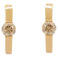 18K Solid Yellow Gold Round Diamond Hoop Earrings