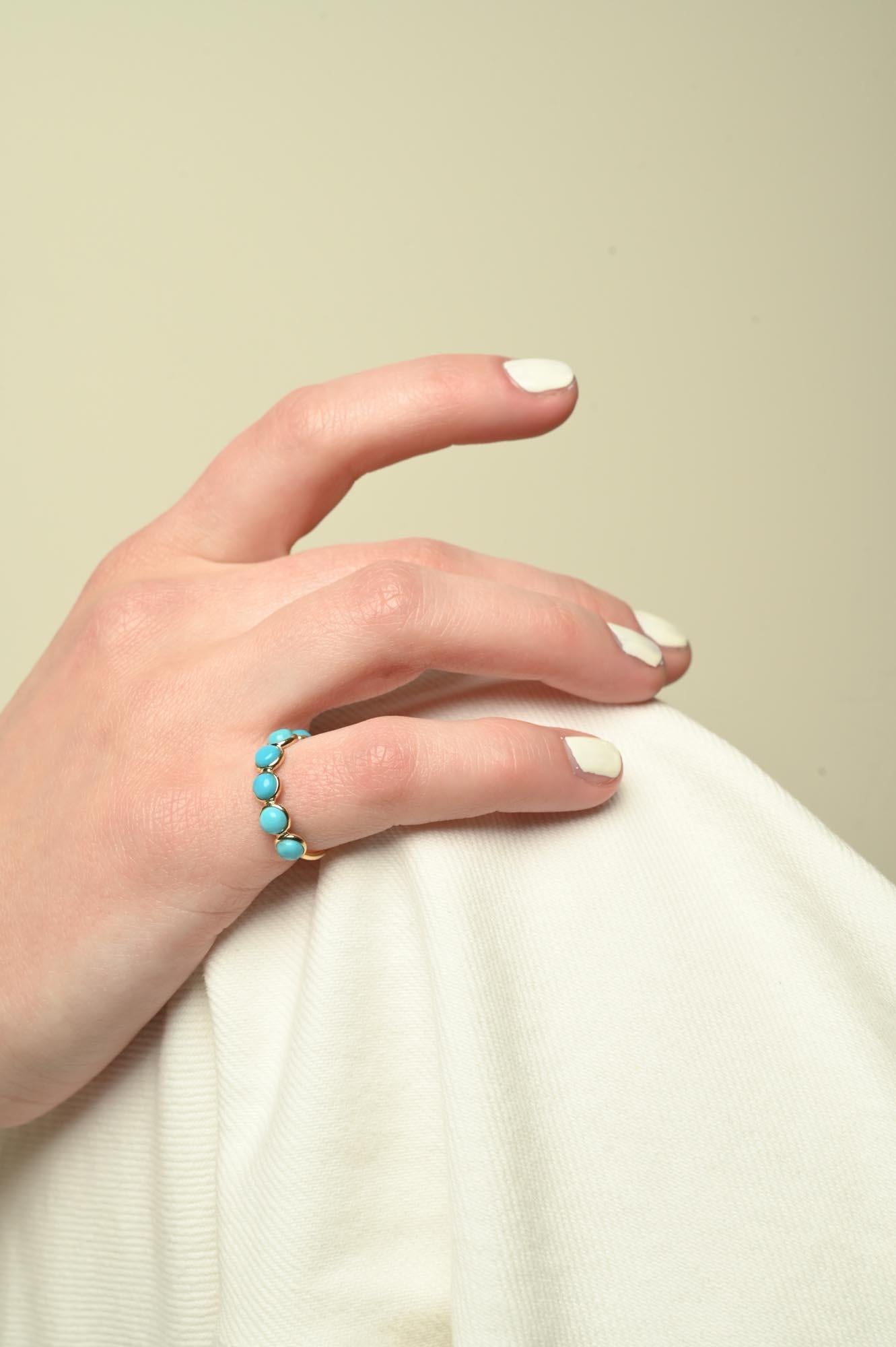 For Sale:  18k Solid Yellow Gold Round Turquoise Half Eternity Band Ring 2