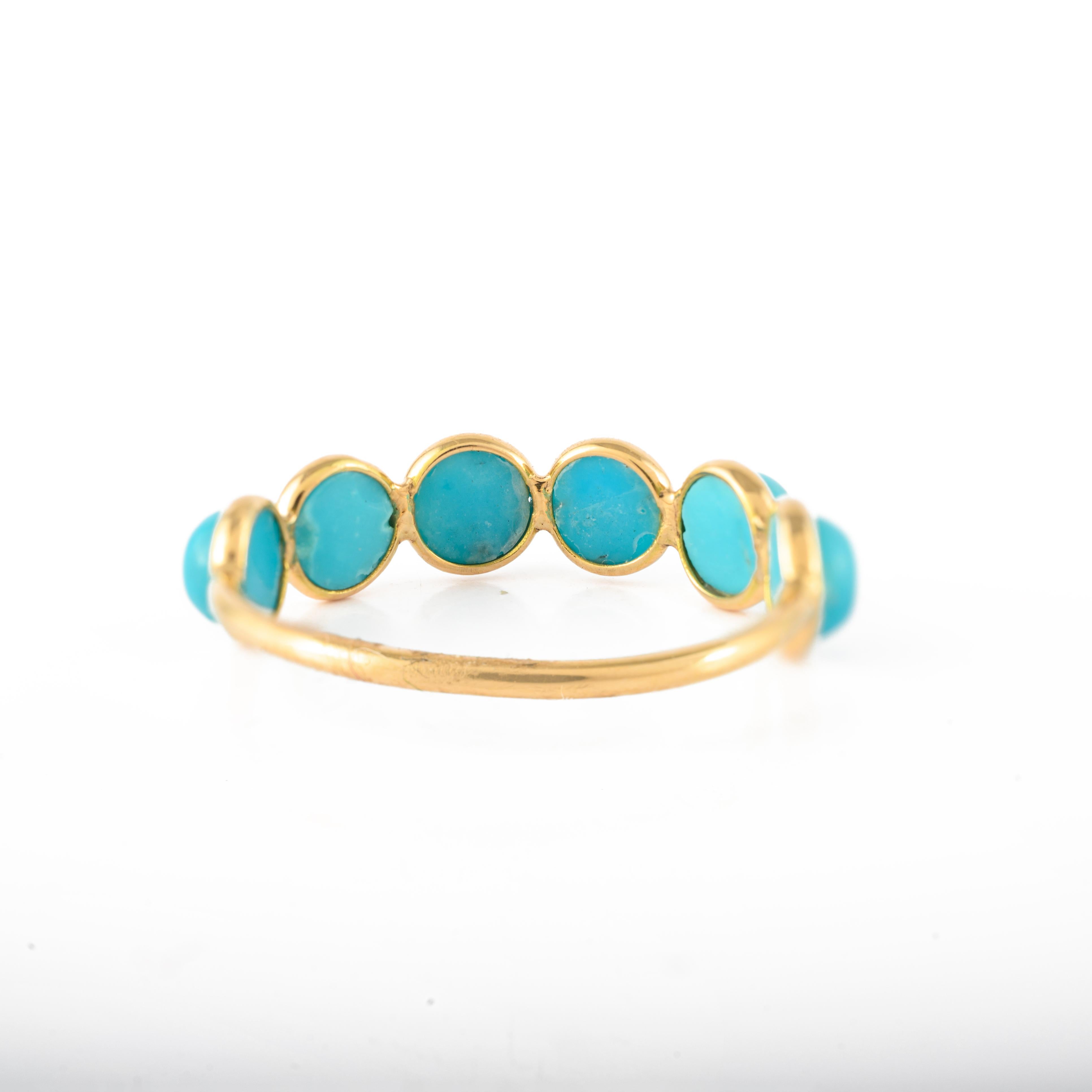 For Sale:  18k Solid Yellow Gold Round Turquoise Half Eternity Band Ring 9