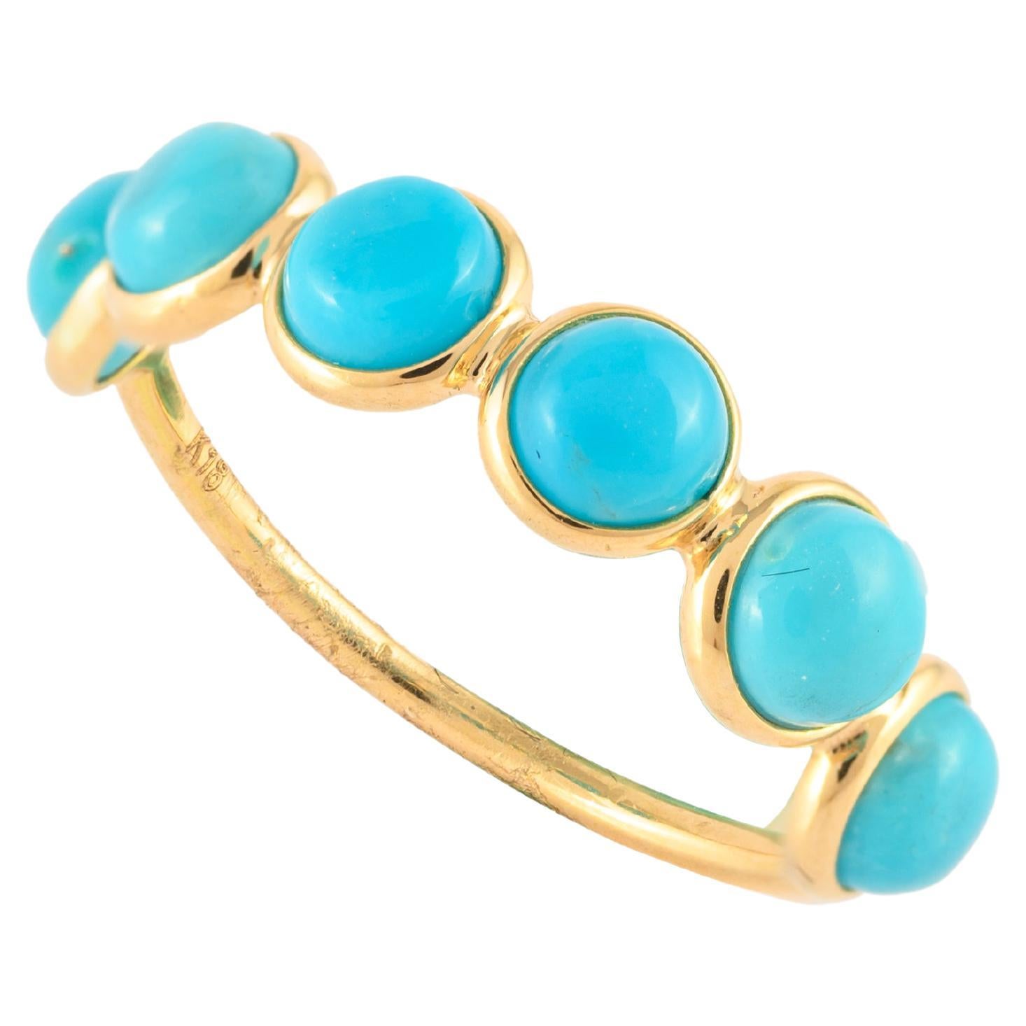 For Sale:  18k Solid Yellow Gold Round Turquoise Half Eternity Band Ring