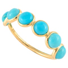 18k Solid Yellow Gold Round Turquoise Half Eternity Band Ring