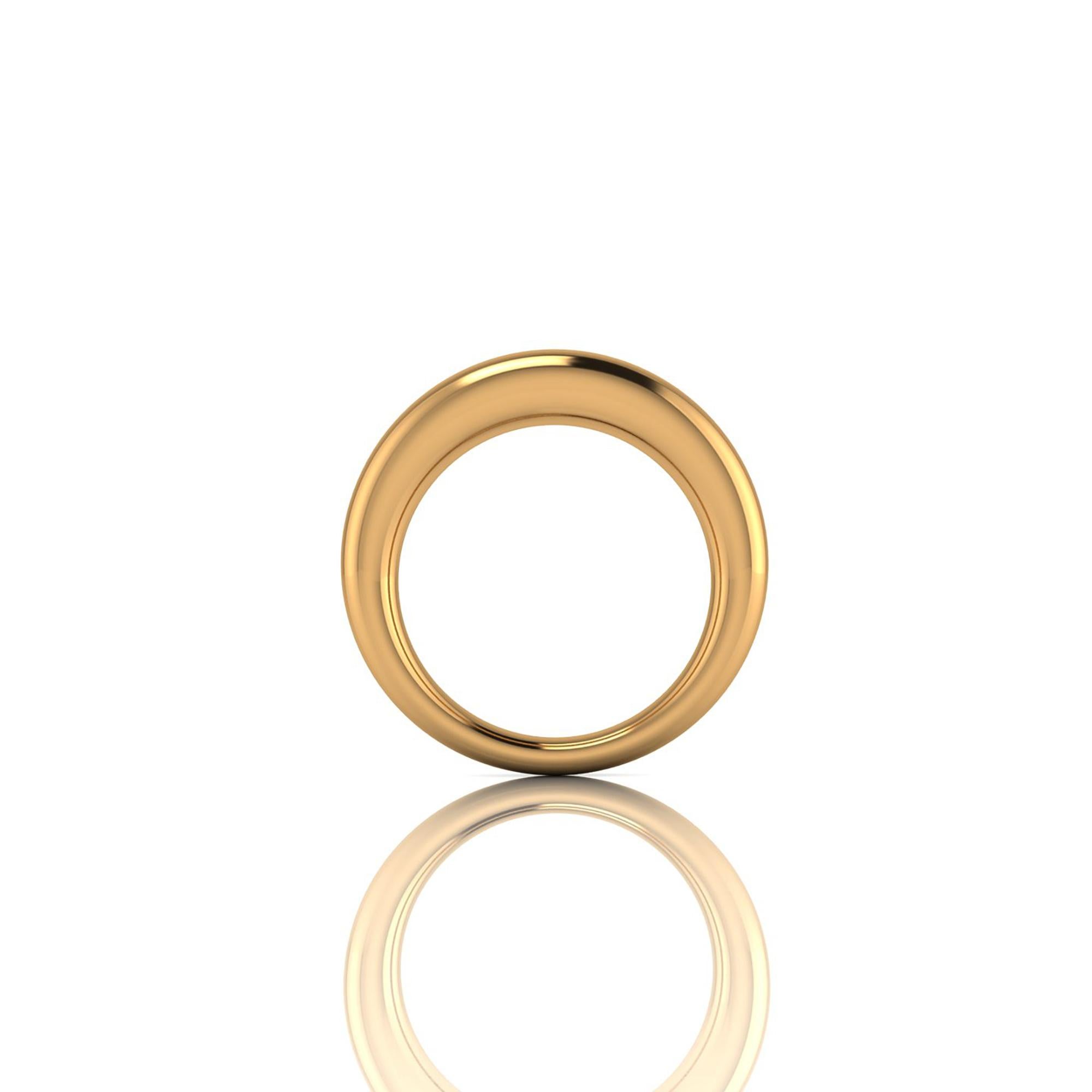 Solid 18k gold rounded band, tapered at the bottom, round profile for maximum comfort fit, bold and model design, being solid gold it gives you the rich weight of a solid piece of jewelry.
Size 6, complimentary sizing upon order before shipping.