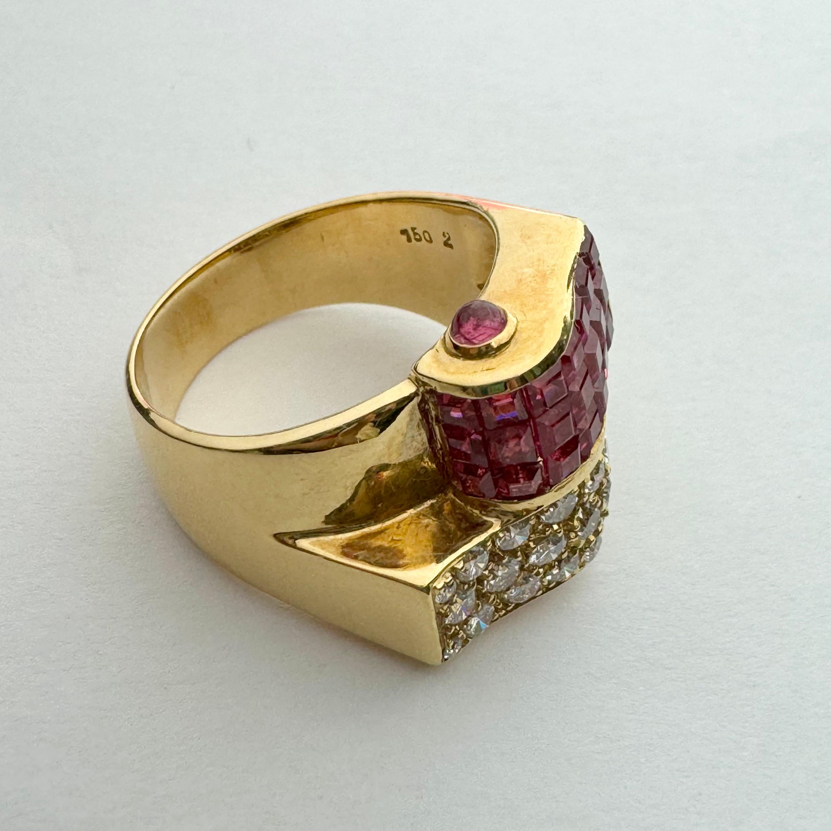 Unique modern ruby and natural brilliant cut white diamond mirrored scroll ring, in 18K yellow gold. This ring features a unique scroll design unraveling in opposite directions; one side with stunning white pave set round brilliant diamonds, and the