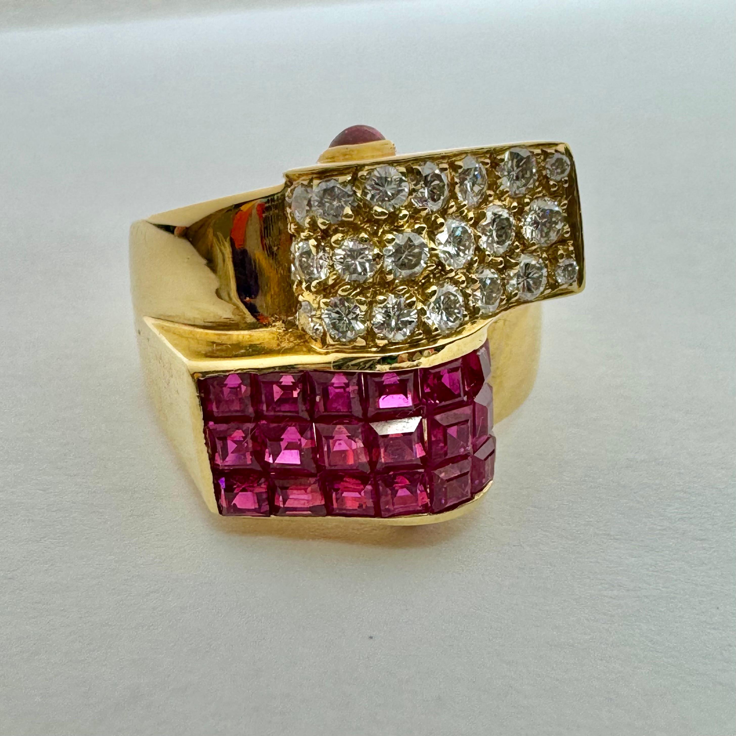 Round Cut 18K Solid Yellow Gold, Ruby and Diamond Mirrored Scroll Design Ring