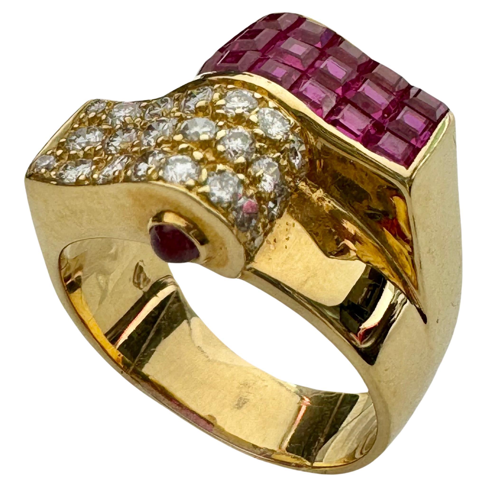 18K Solid Yellow Gold, Ruby and Diamond Mirrored Scroll Design Ring For Sale