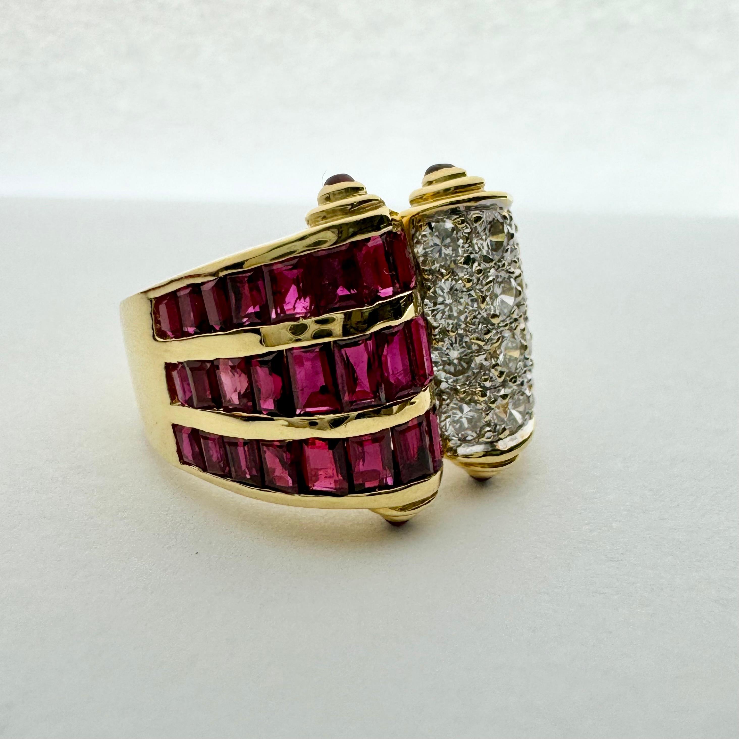 A very rare, red ruby and natural brilliant cut white diamond twin scroll ring, in 18K yellow gold. Uniquely beautiful, this ring features stunning mirrored scroll designs; one side showcasing dazzling pave set round brilliant white diamonds, and