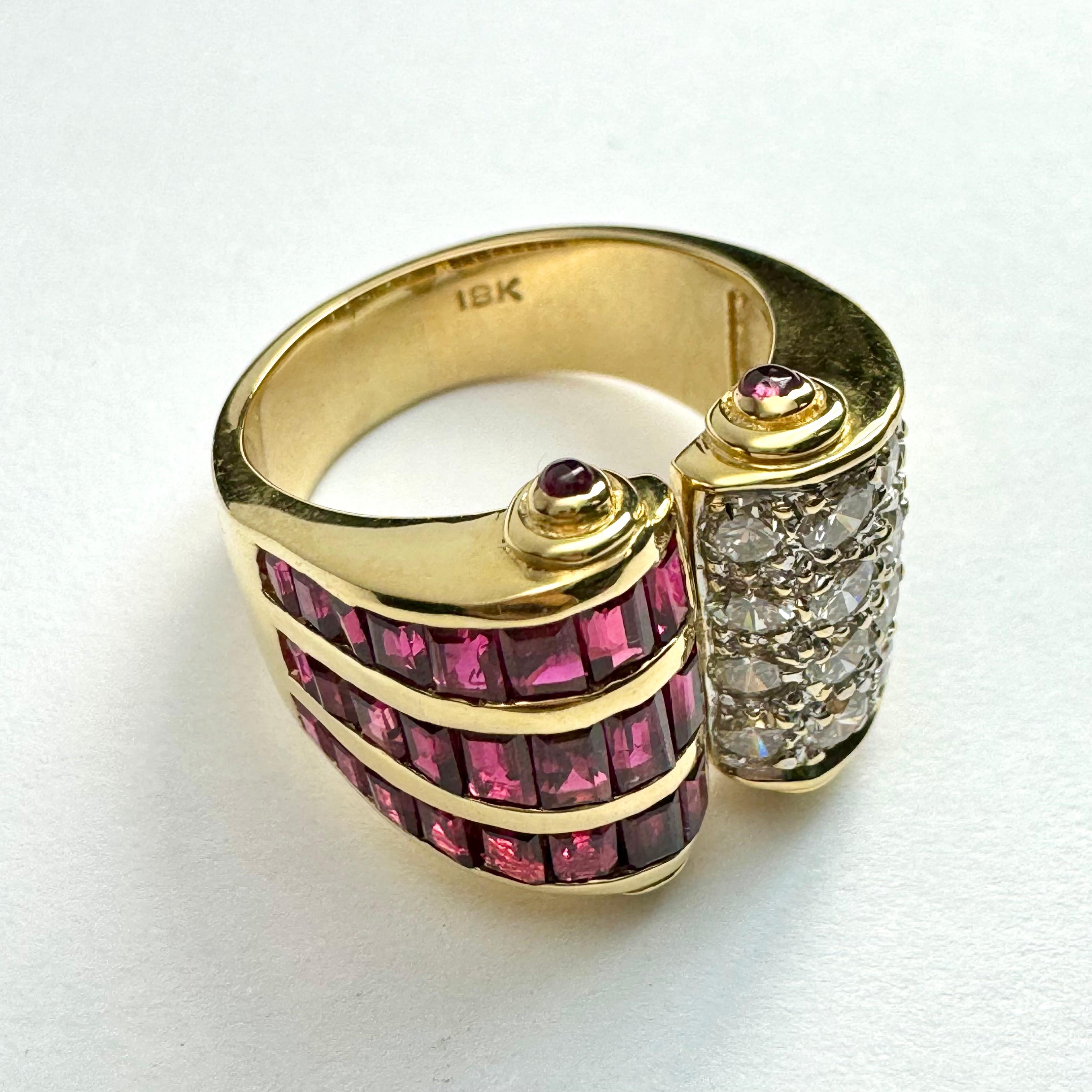 Contemporary 18K Solid Yellow Gold, Ruby and Diamond Twin Scroll Design Ring For Sale