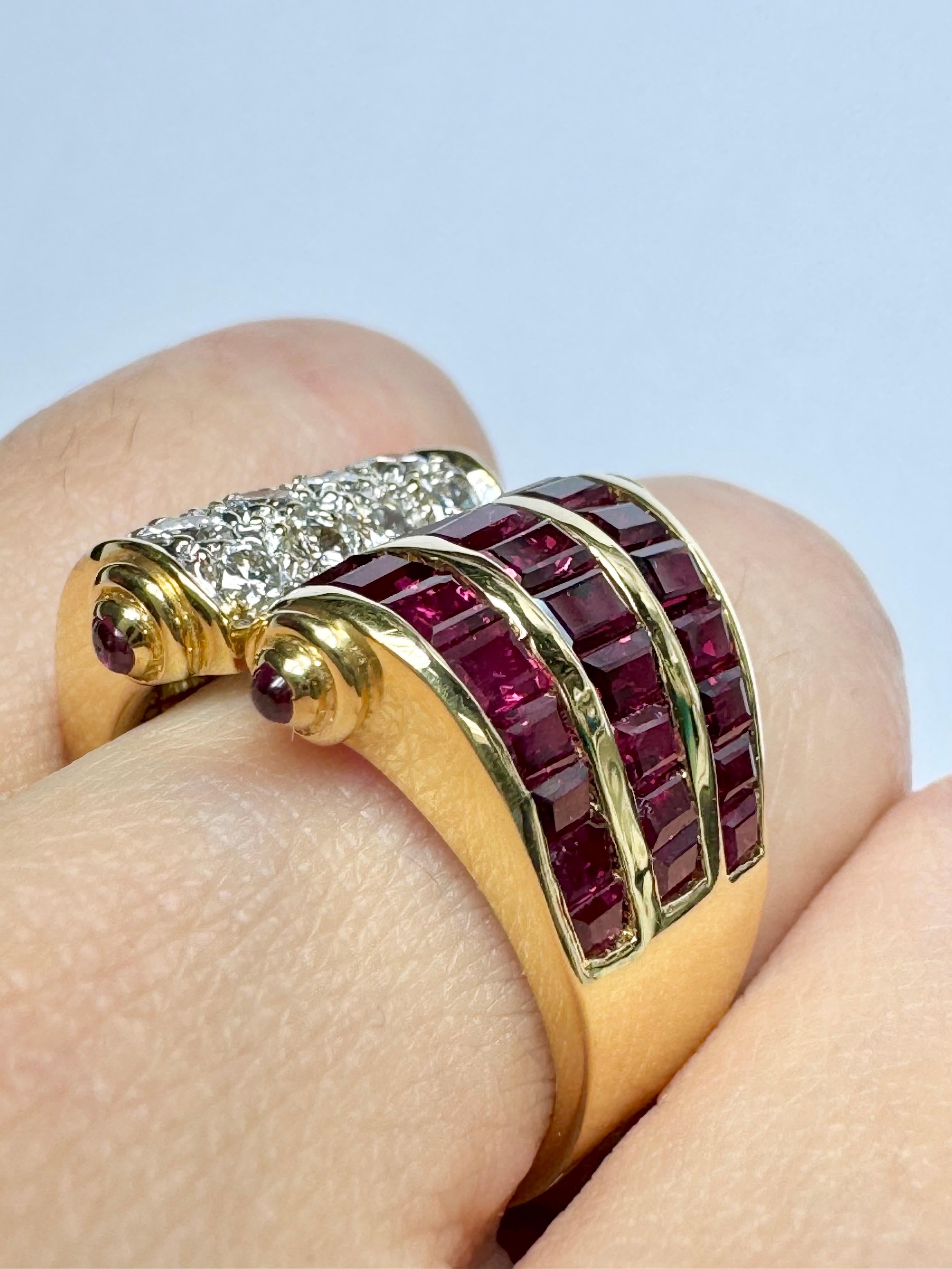 Women's 18K Solid Yellow Gold, Ruby and Diamond Twin Scroll Design Ring For Sale