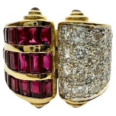 18K Solid Yellow Gold, Ruby and Diamond Twin Scroll Design Ring