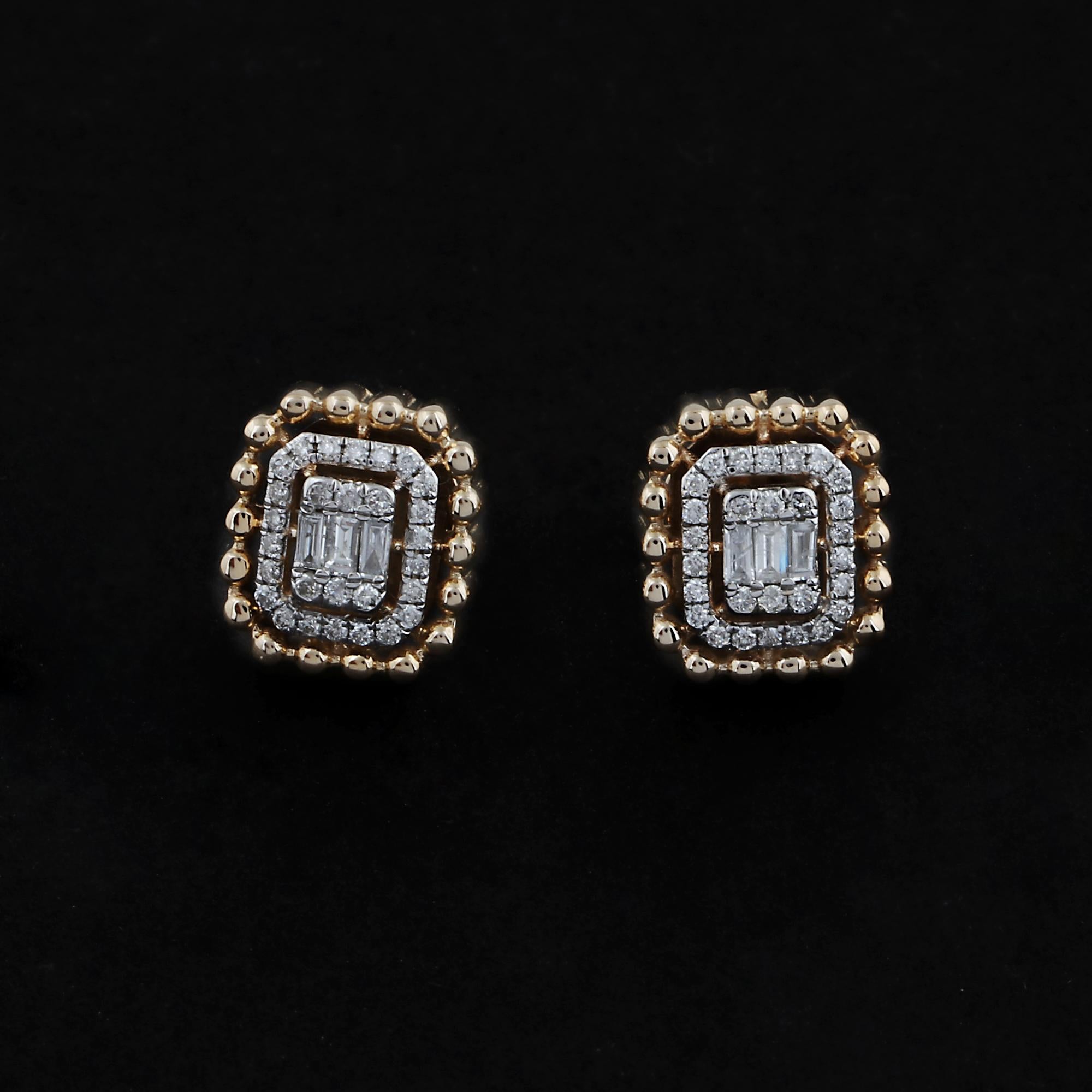 Art Deco 18k Solid Yellow Gold SI Clarity HI Color Diamond Halo Rectangular Stud Earrings For Sale