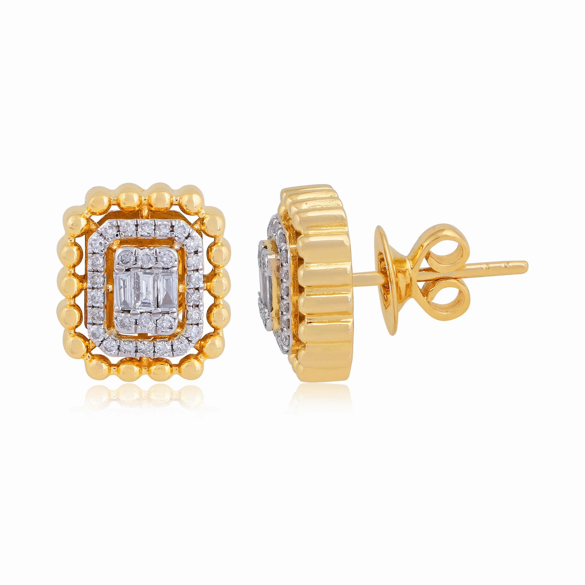 Mixed Cut 18k Solid Yellow Gold SI Clarity HI Color Diamond Halo Rectangular Stud Earrings For Sale