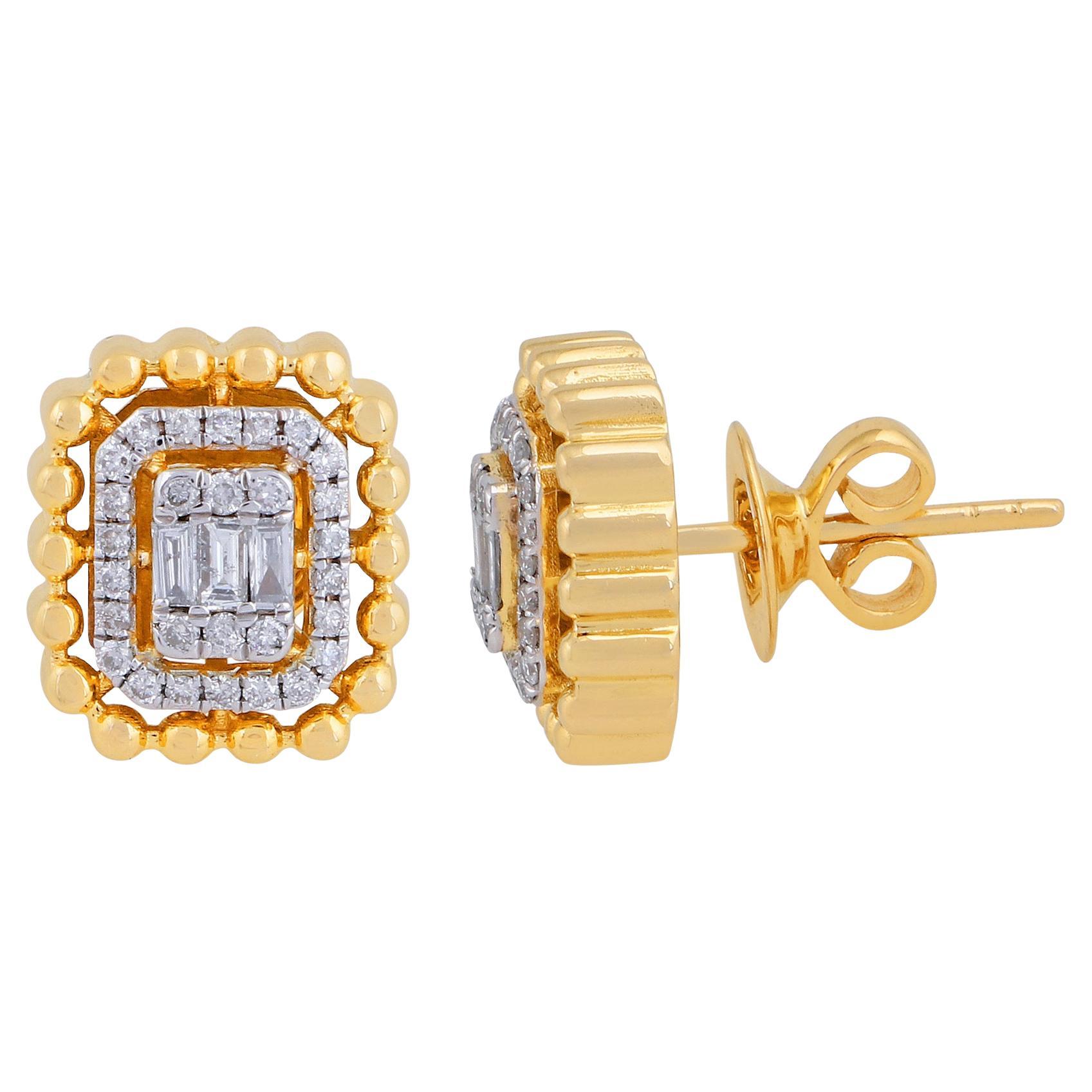 18k Solid Yellow Gold SI Clarity HI Color Diamond Halo Rectangular Stud Earrings For Sale