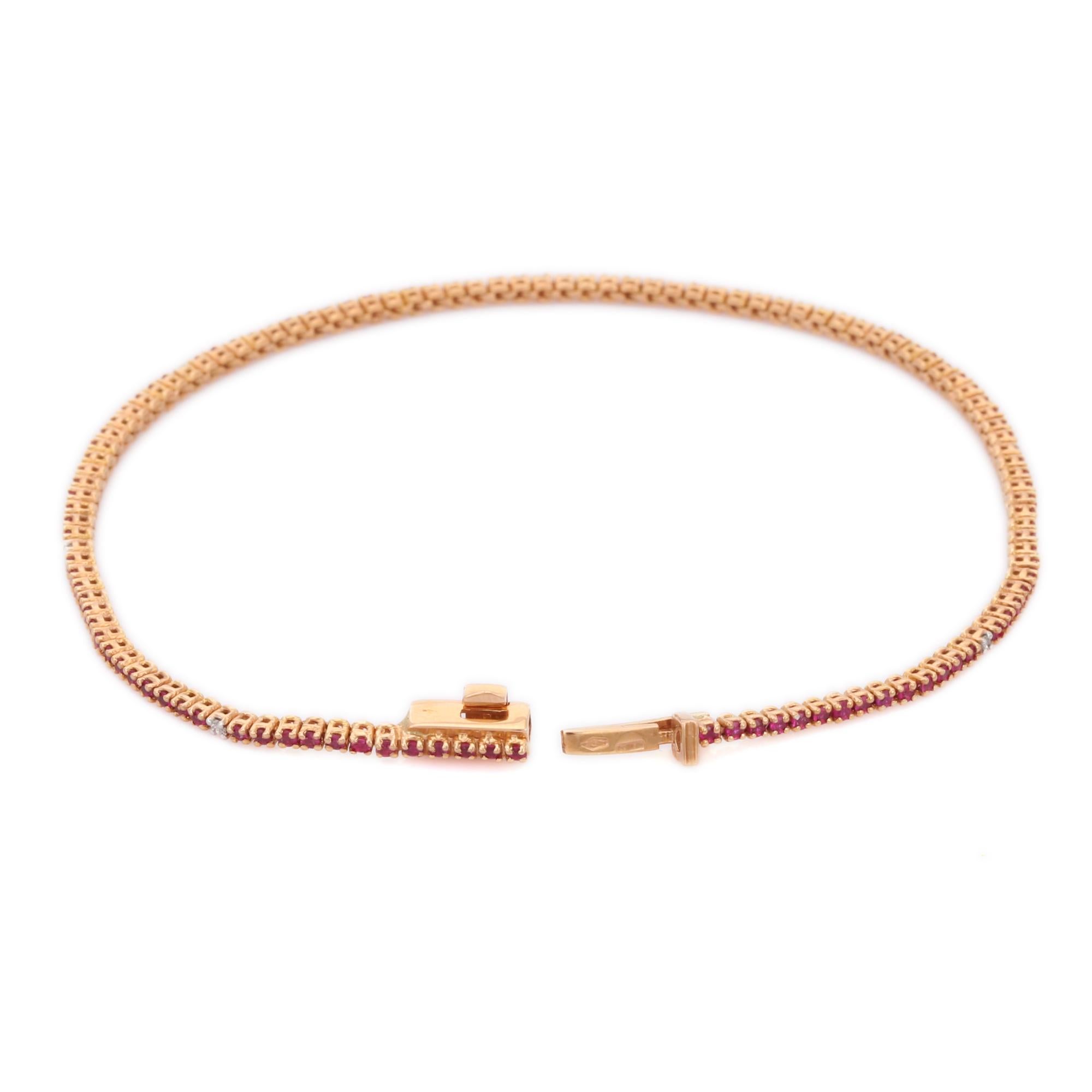 Art Deco 18k Solid Rose Gold Stackable Dainty Round Ruby Diamond Tennis Bracelet For Sale