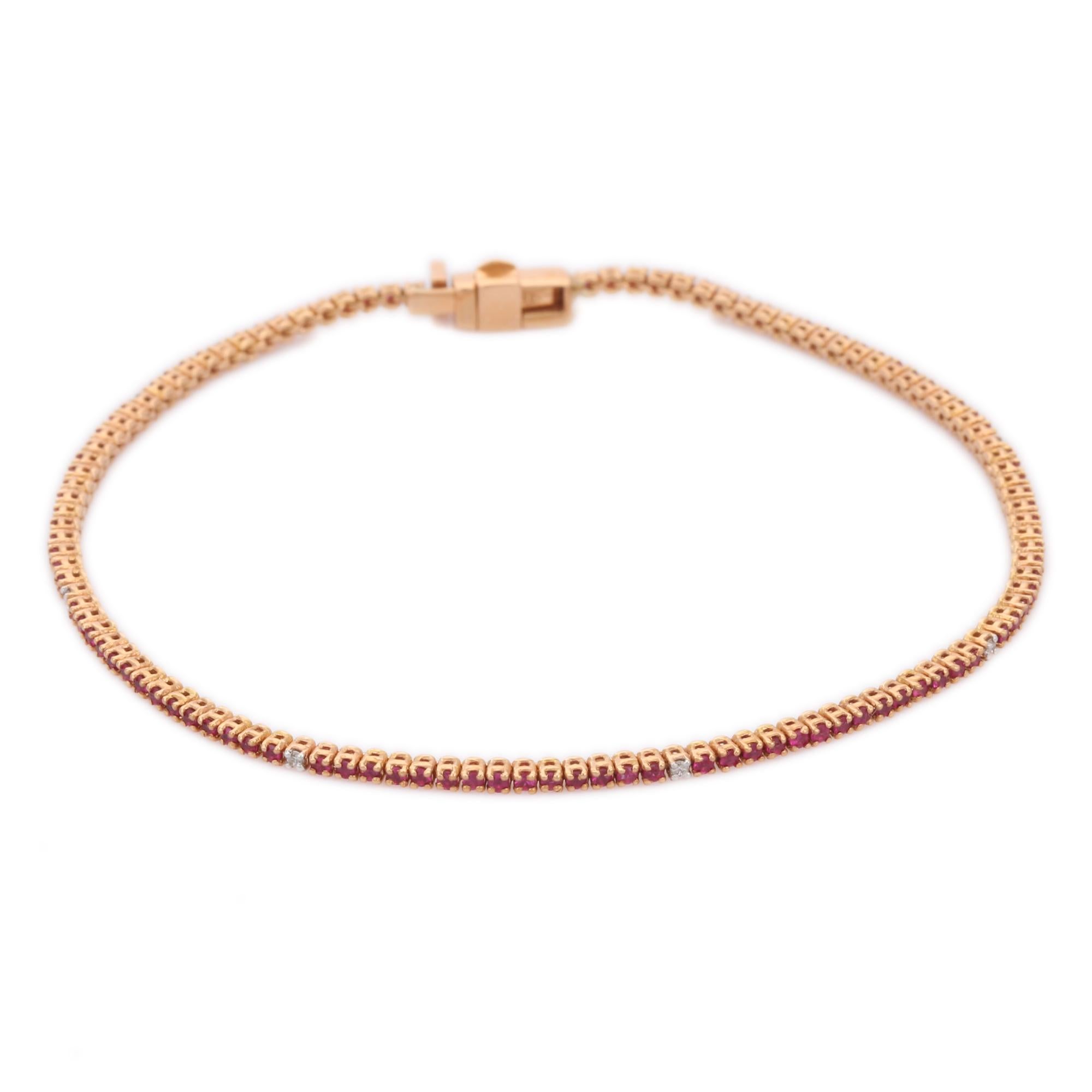 Round Cut 18k Solid Rose Gold Stackable Dainty Round Ruby Diamond Tennis Bracelet For Sale