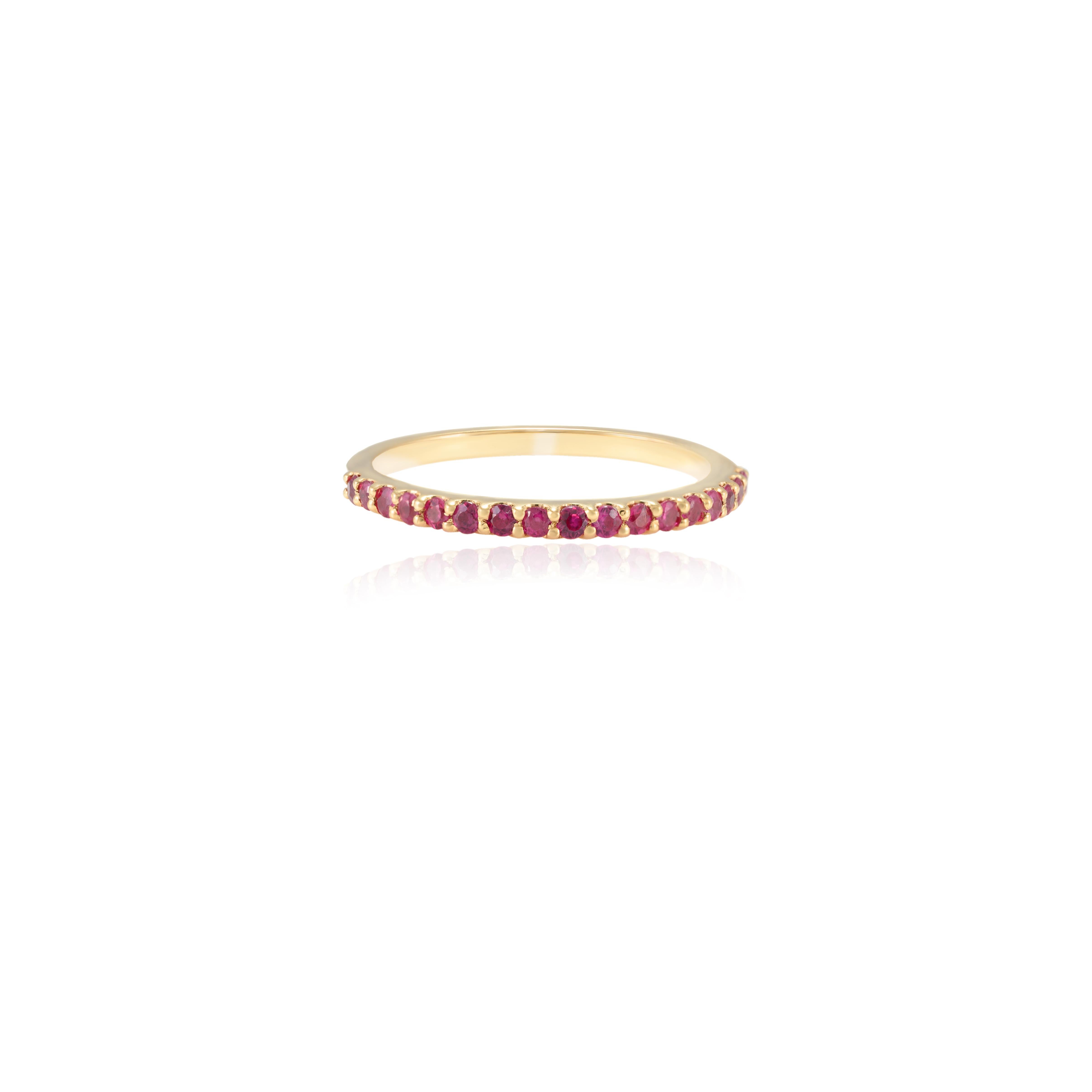 For Sale:  18k Solid Yellow Gold Stackable Round Cut Pave Ruby Gemstone Half Eternity Band 5