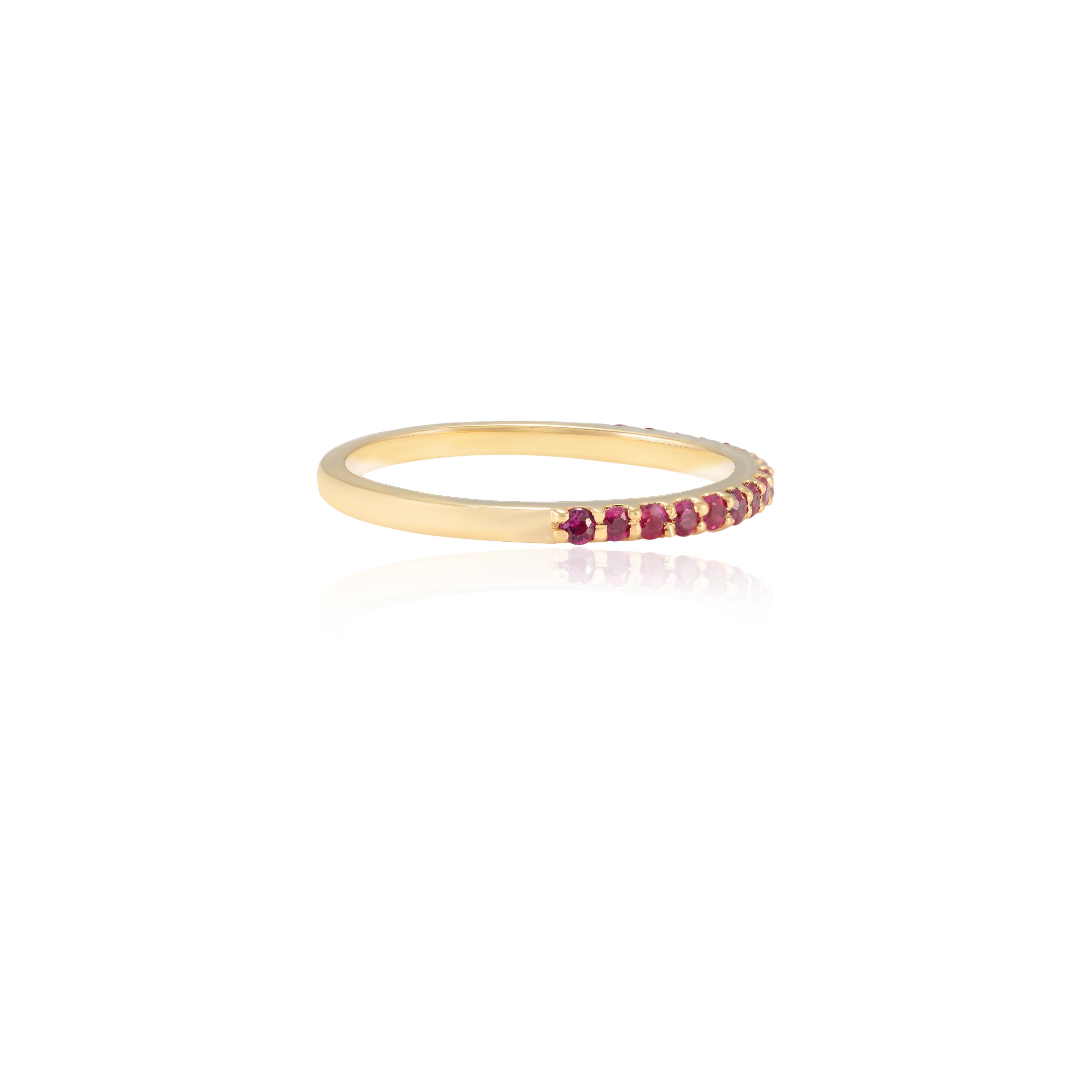 For Sale:  18k Solid Yellow Gold Stackable Round Cut Pave Ruby Gemstone Half Eternity Band 6