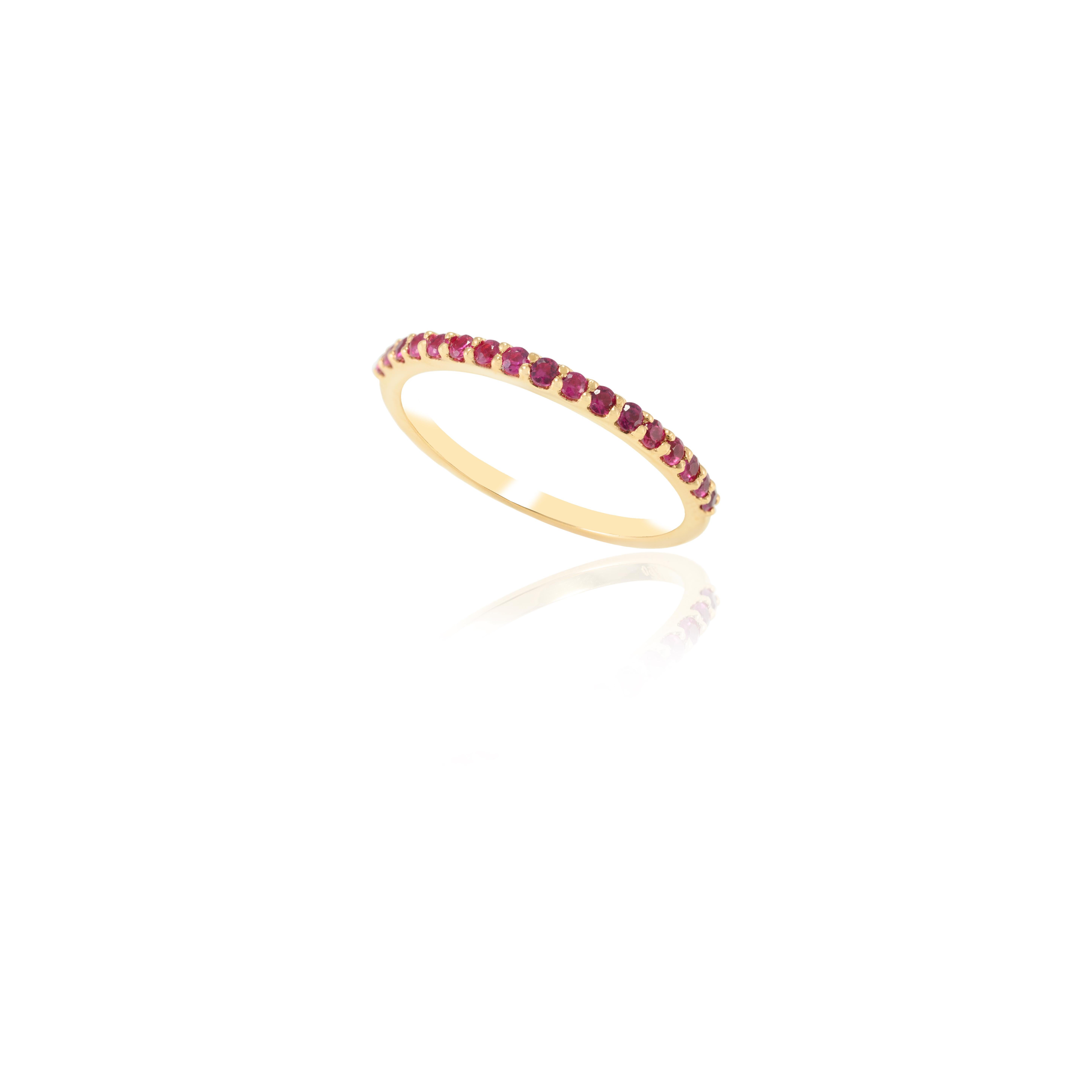 For Sale:  18k Solid Yellow Gold Stackable Round Cut Pave Ruby Gemstone Half Eternity Band 7